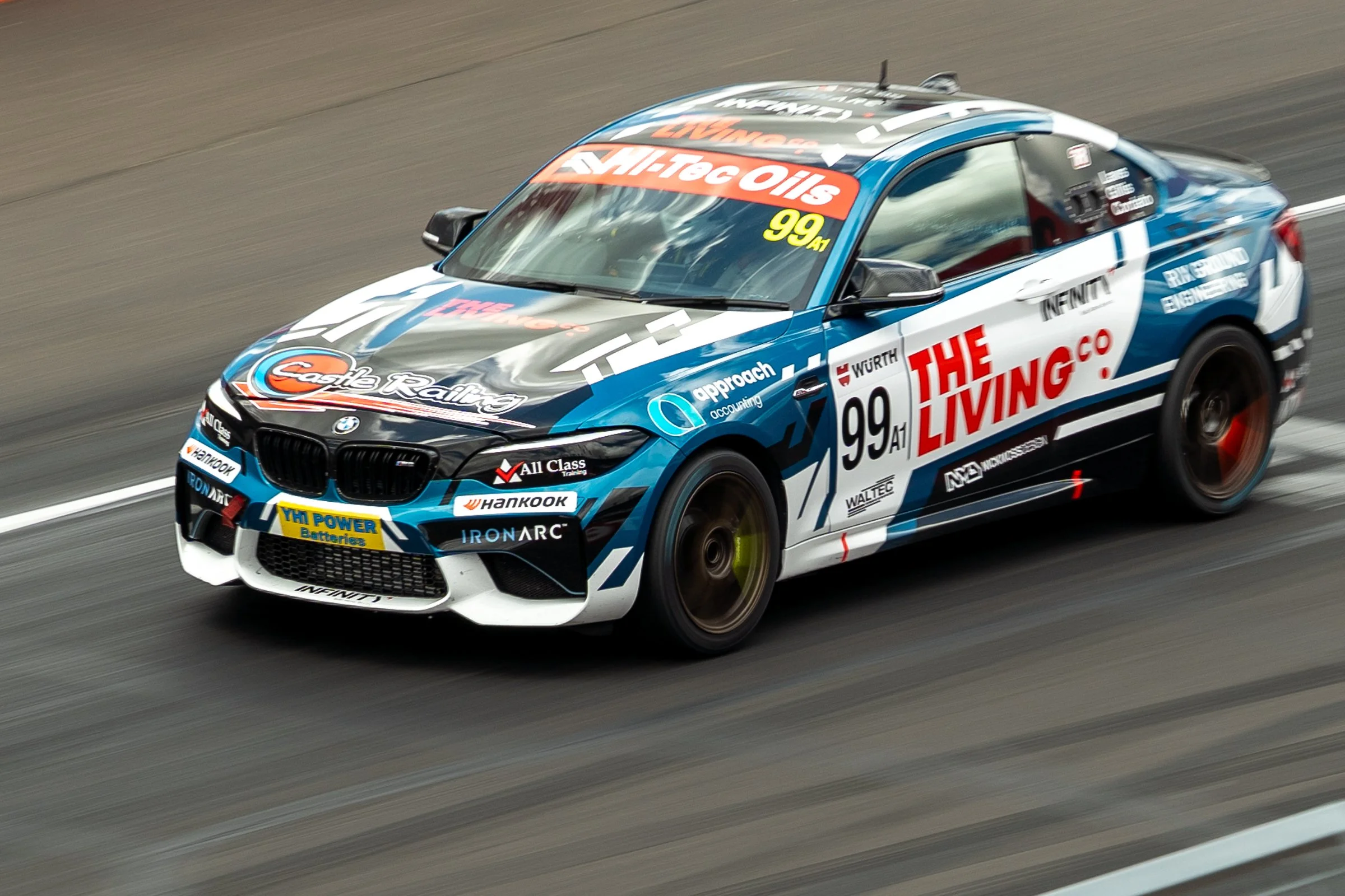 Blue and white number 99 BMW race car on track with sponsor logos and a black front grille