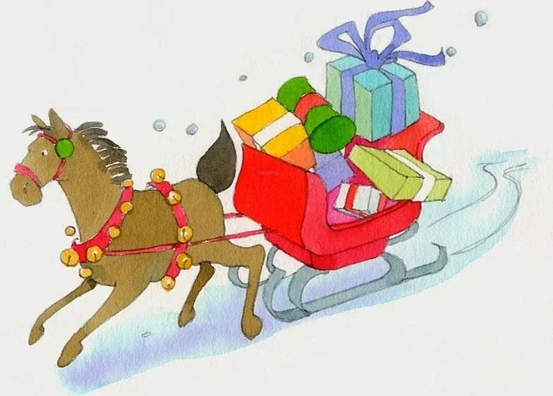 Cartoon illustration of a horse pulling a sleigh filled with colorful wrapped Christmas presents, with snow and ice skates on the sleigh's runners.