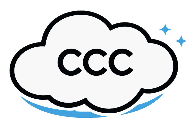 A cloud illustration with the letters 'CCC' inside it, accompanied by two small stars on the top right and a blue curved line underneath.
