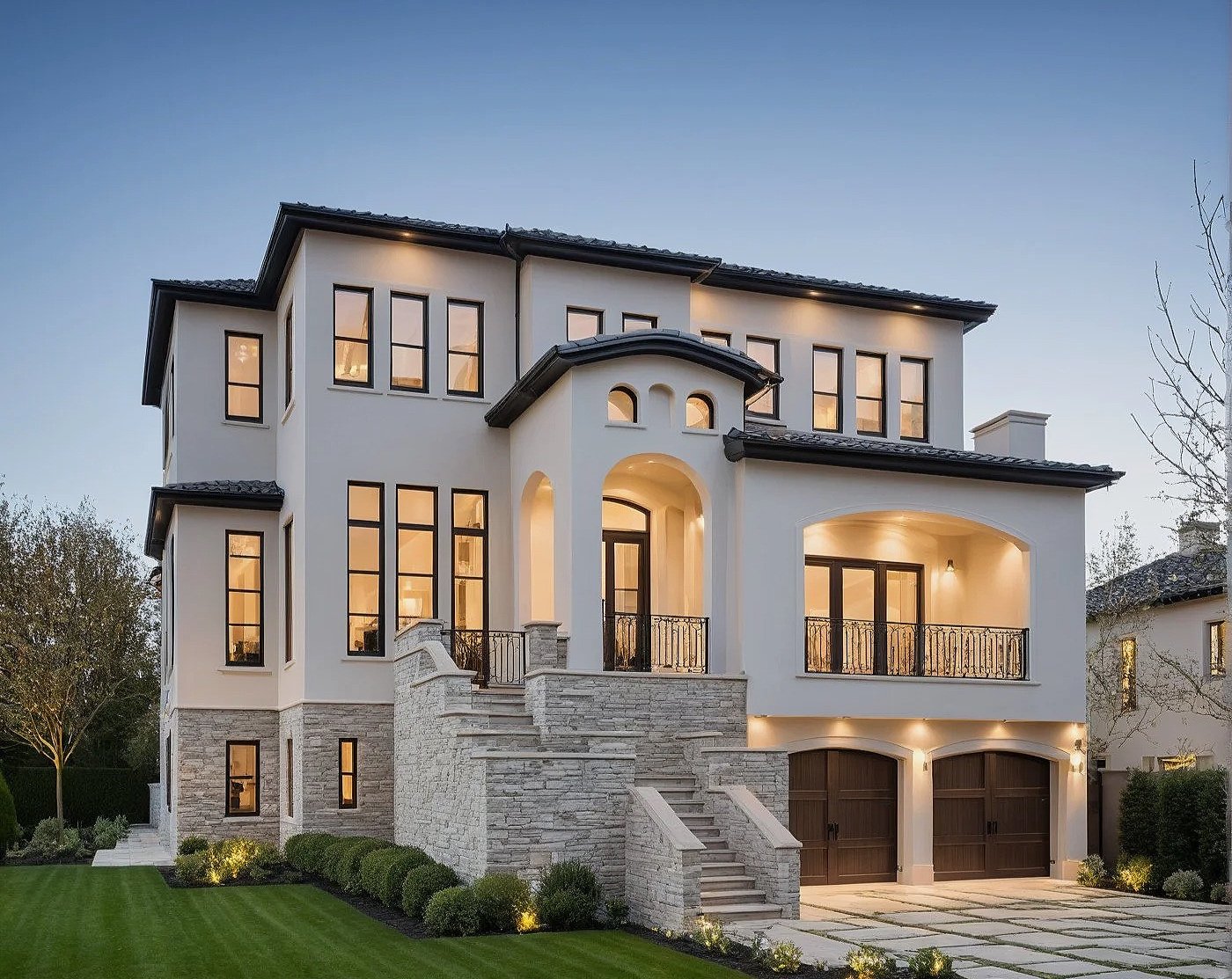 Elegant three-story white house with stone accents, large windows, and a balcony, illuminated at dusk.
