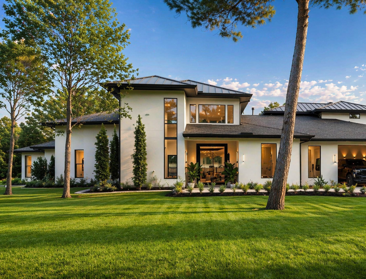 Modern white house with dark roof, large windows, surrounded by green lawn and trees, during sunset.