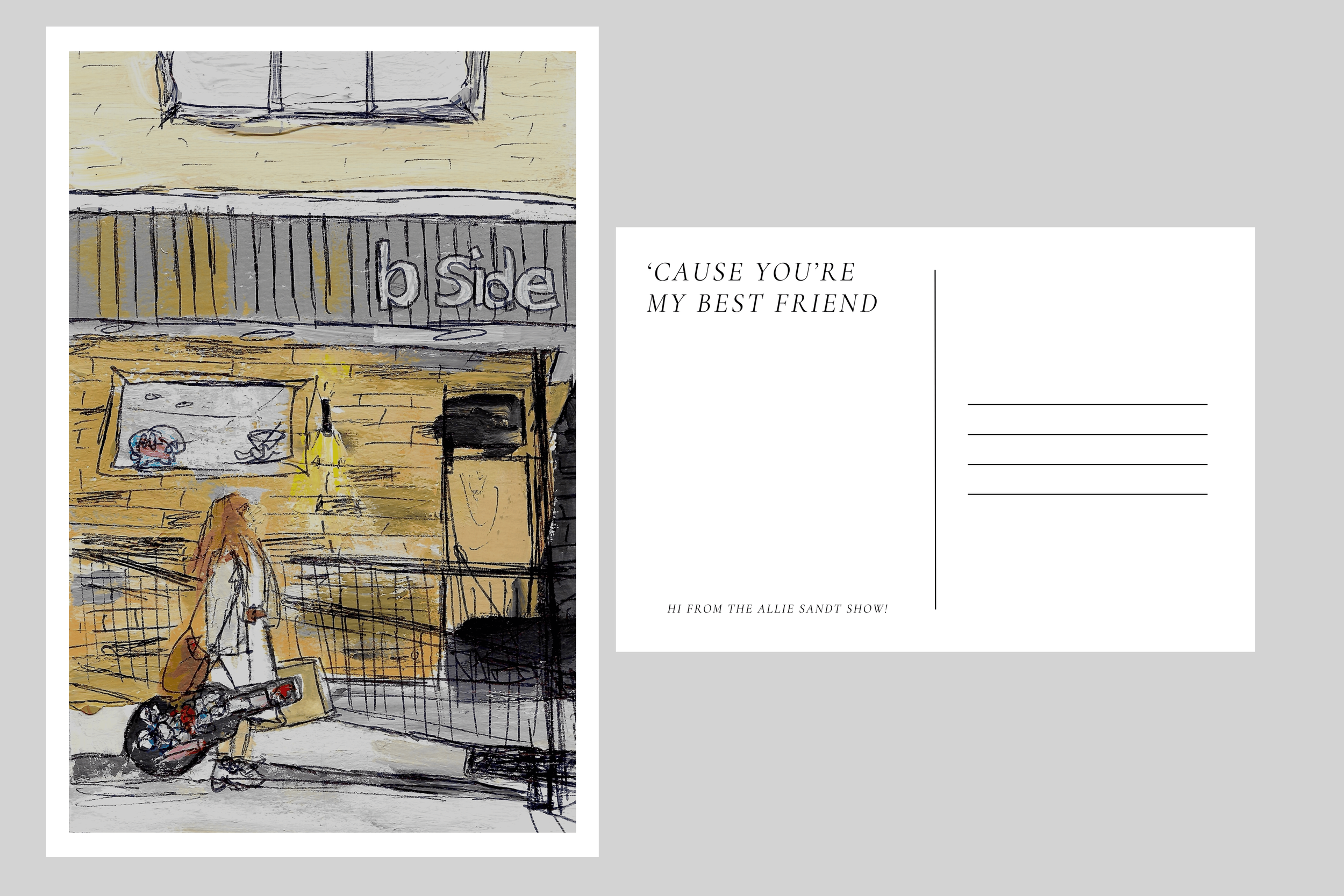 A cartoon-style illustration of a woman with long red hair holding a guitar case, standing outside a building with a sign that says 'b Side'. The building has a brick and wood exterior, a window with mannequins, and a door.