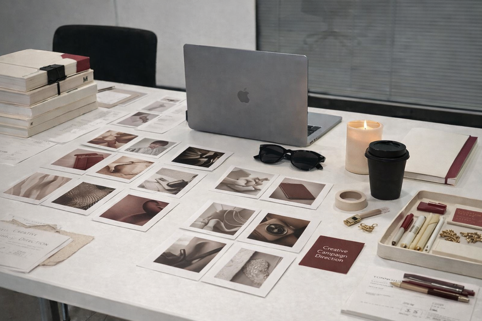 A cluttered desk with a MacBook, sunglasses, a lit candle, a black coffee cup, and a variety of printed photographs, notebooks, pens, and small decorative items spread across white surface.
