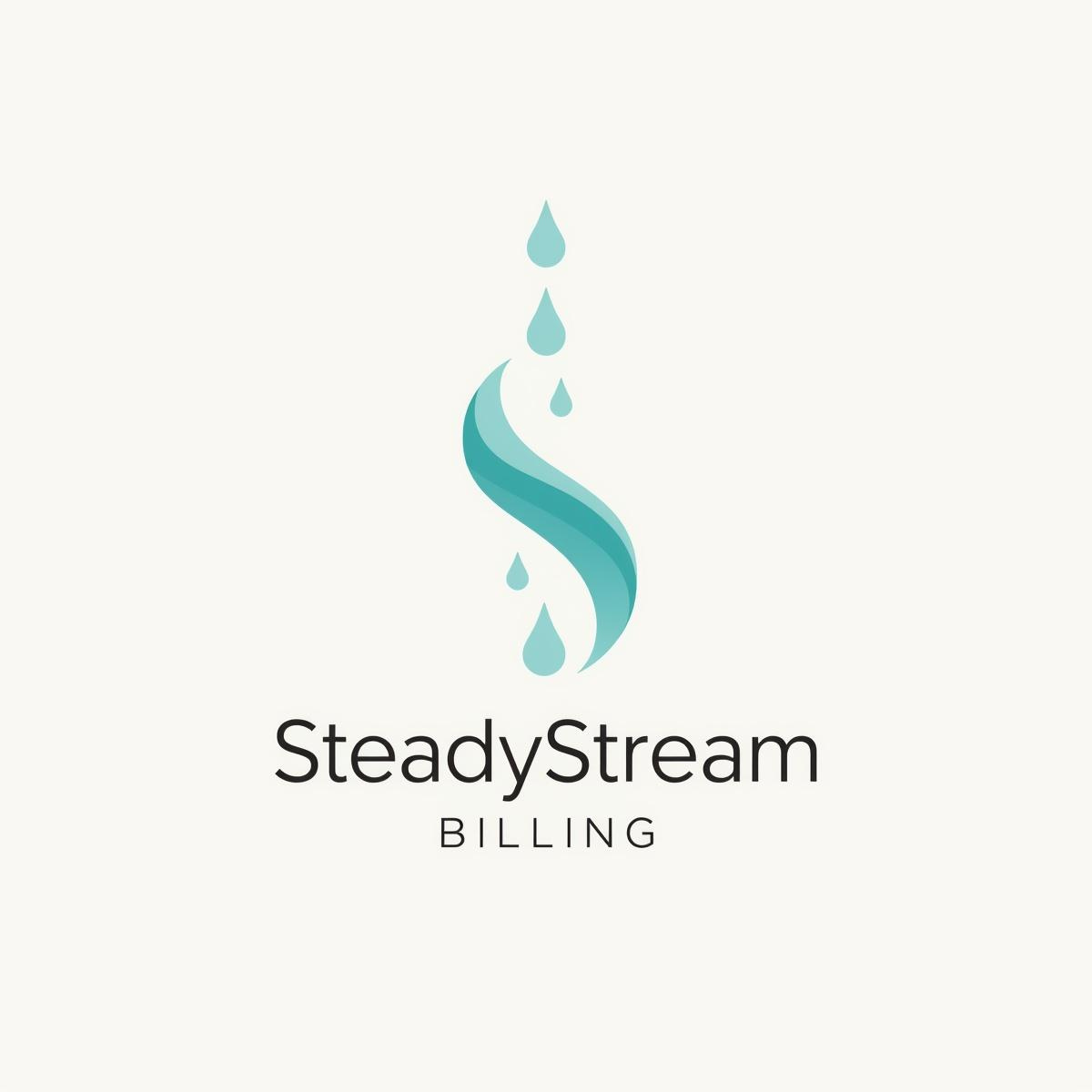 Layered logo showing a teal stream in an "S" shape with teal water drops falling vertically along the stream and "SteadyStream BILLING” text beneath in modern sans serif font for mental health insurance billing services.