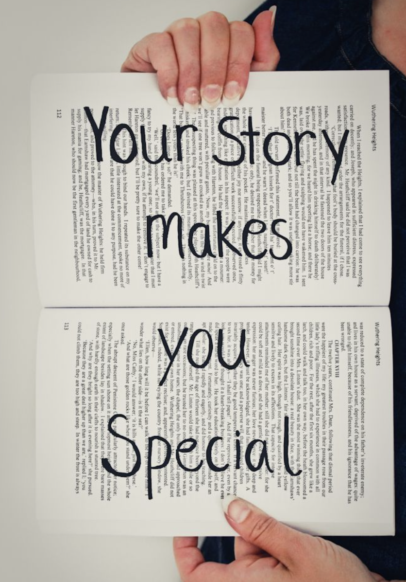 A person is holding open a book with the words "Your Story Makes You Special" overlaid on the pages.