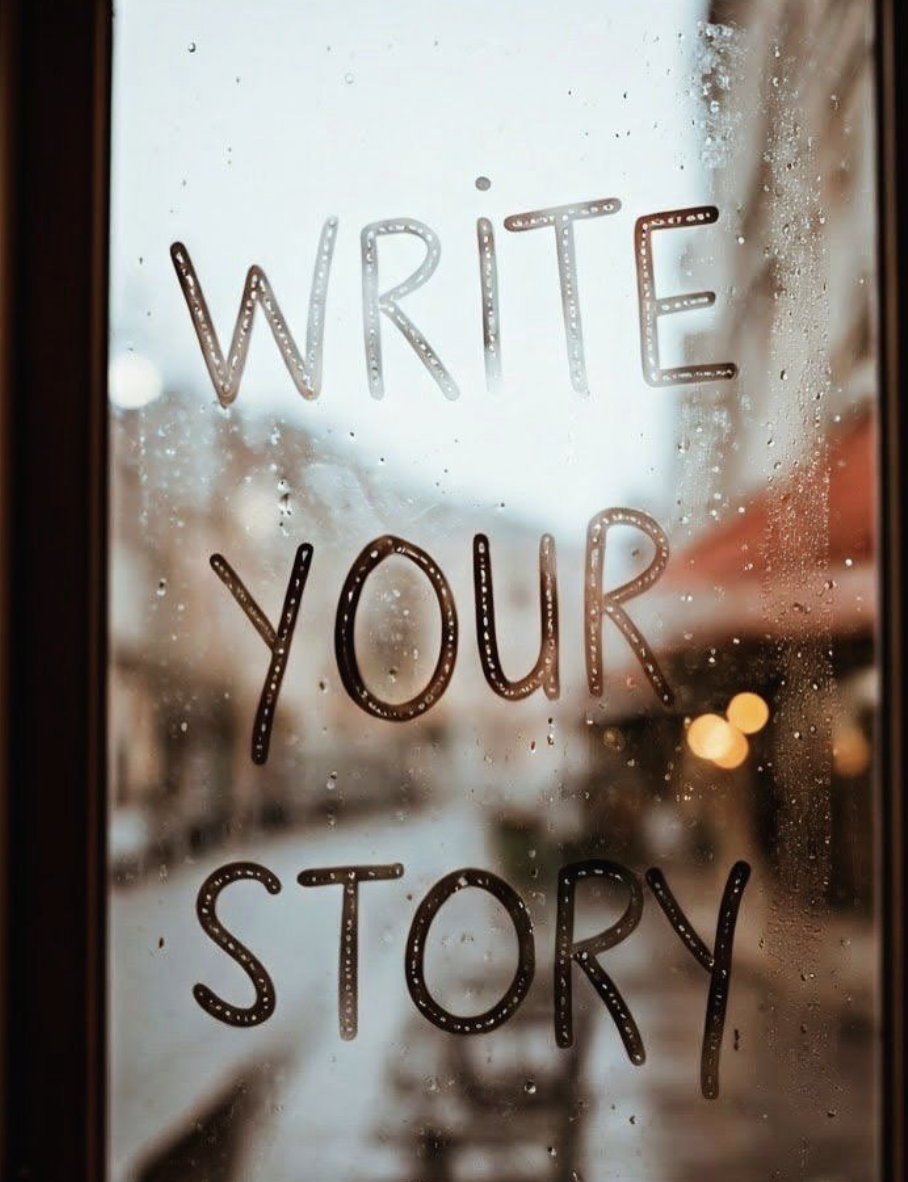 A window with the words 'Write Your Story' written in marker on it, with raindrops on the glass and a blurred city street in the background.