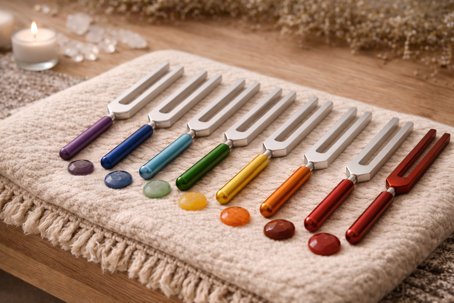 A set of tuning forks and mallets arranged in the chakra order on a beige textured cloth, with a lit candle and decorative stones in the background.