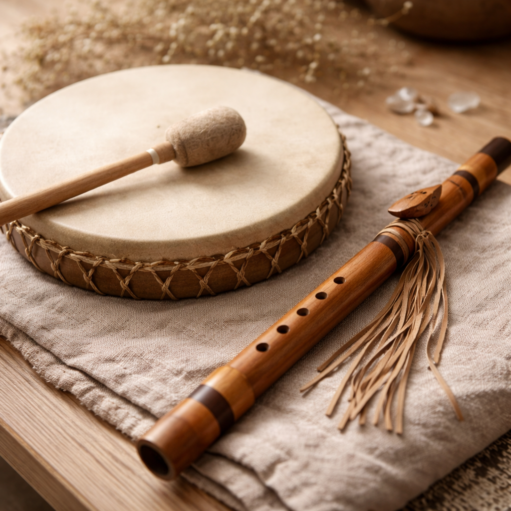 A wooden drum with a soft mallet resting on top, and a wooden flute with decorative tassels, all placed on a beige cloth on a wooden surface.