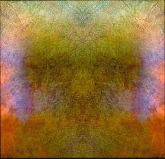 Abstract, symmetrical pattern with earthy and pastel colors, resembling a Rorschach inkblot.