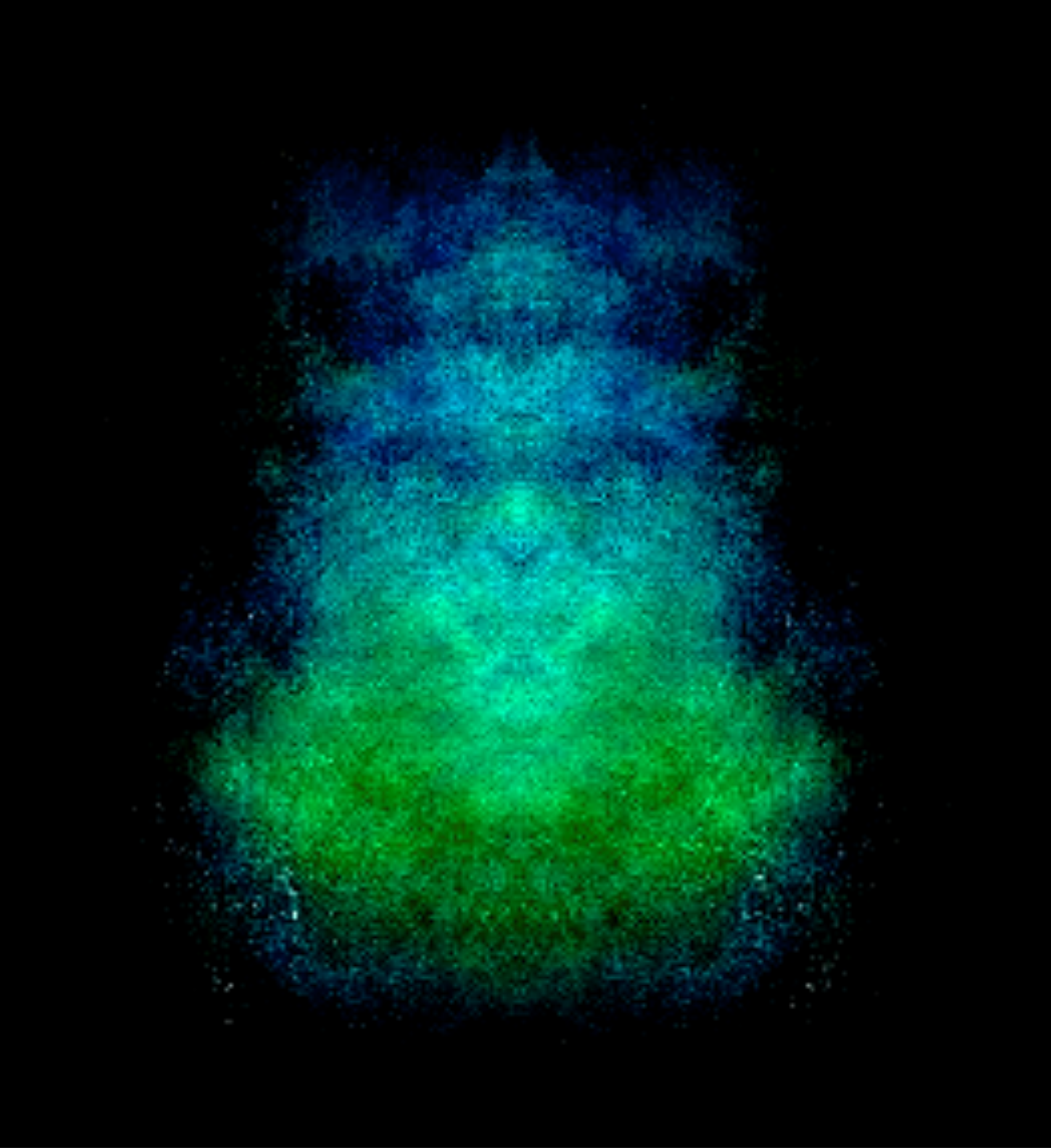 A colorful digital image resembling a cat's face, composed of blue, green, and cyan particles on a black background.