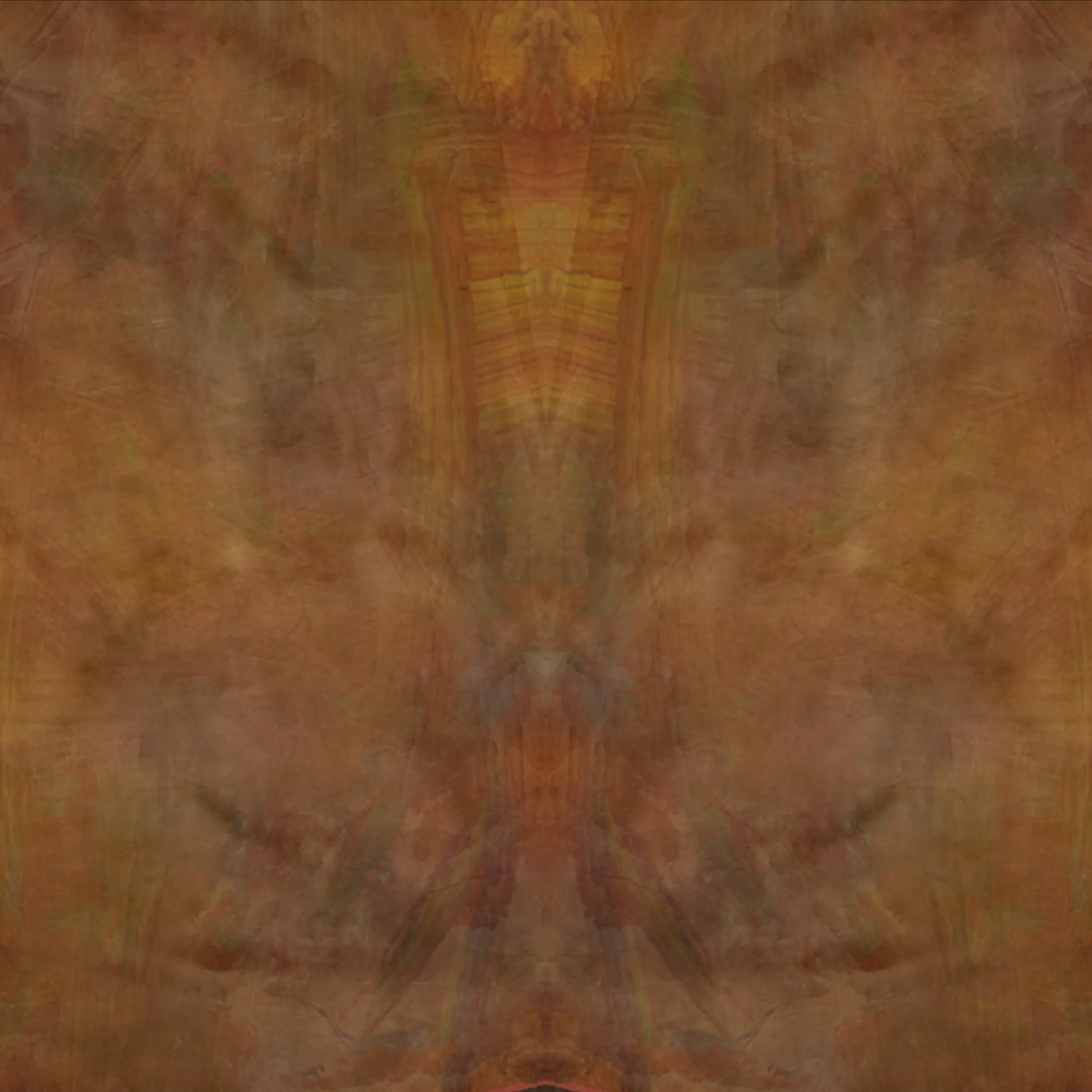 A close-up of a wooden surface with a reflected pattern that resembles a face or mask.