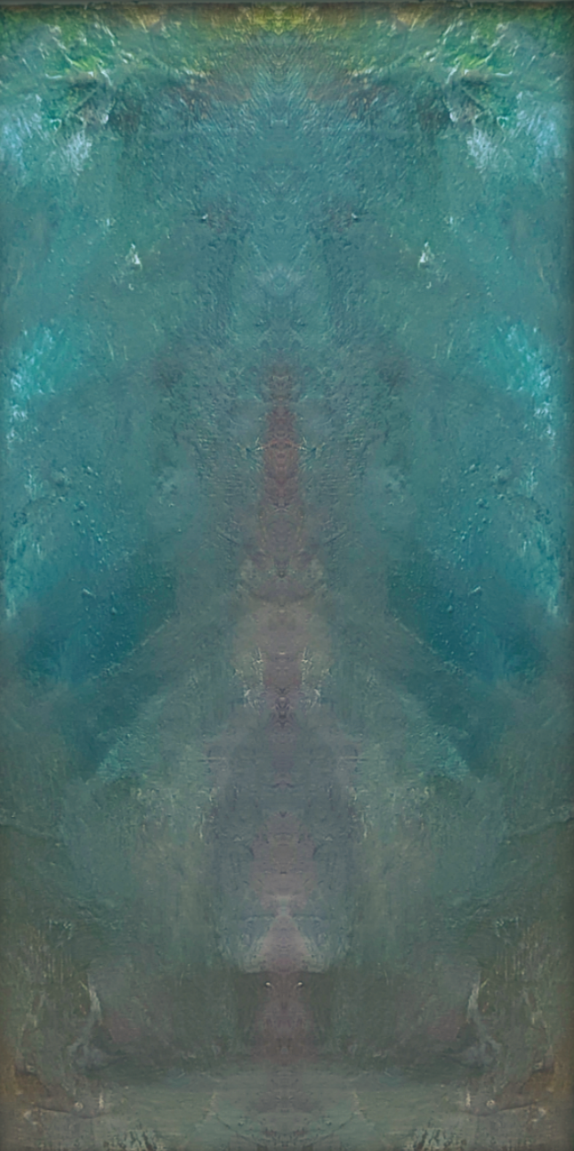 A symmetrical, abstract image with shades of blue and green, resembling a mirrored natural landscape or water scene.