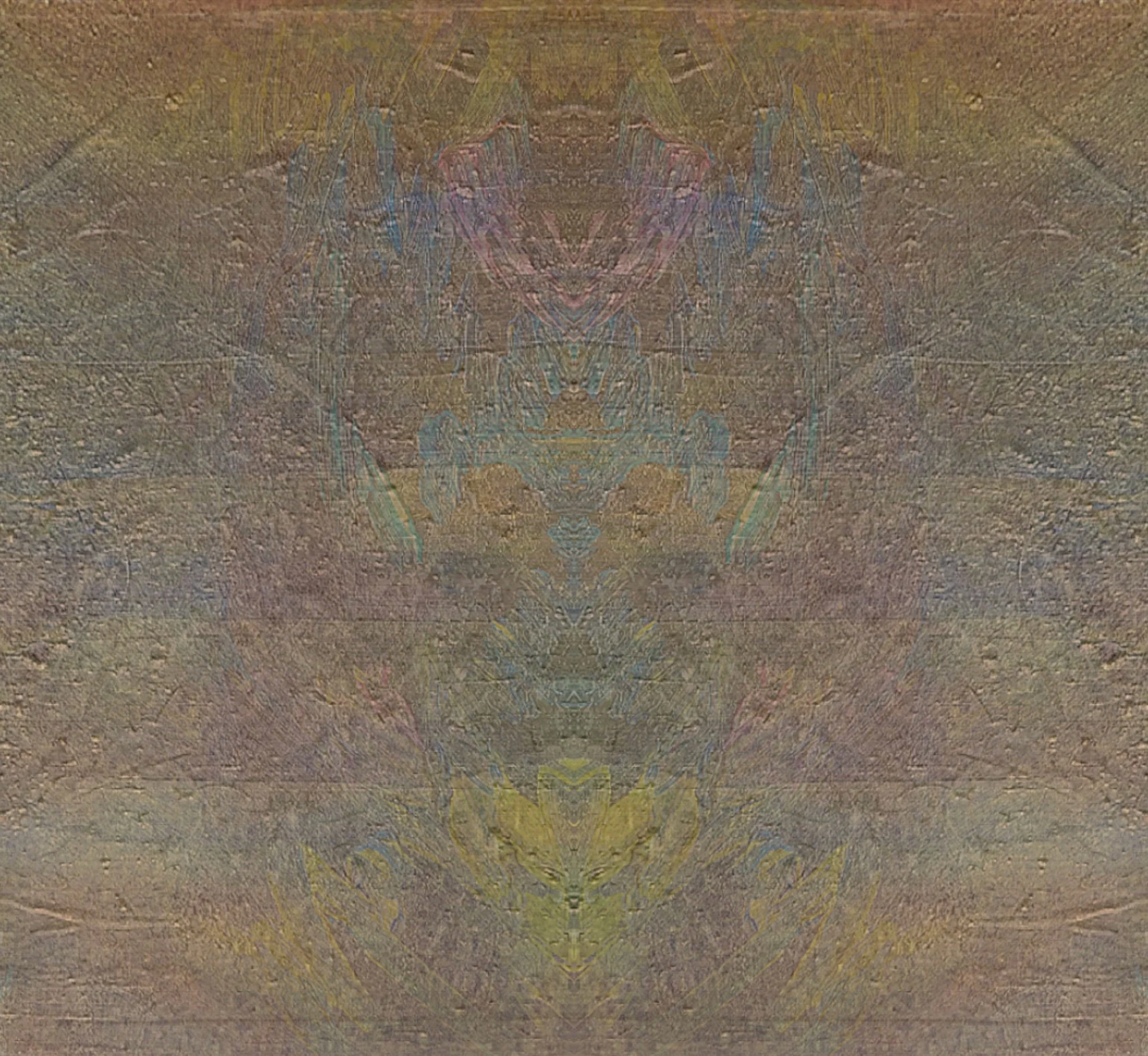 Abstract symmetrical artwork featuring earthy tones, with a textured appearance and intricate line patterns.