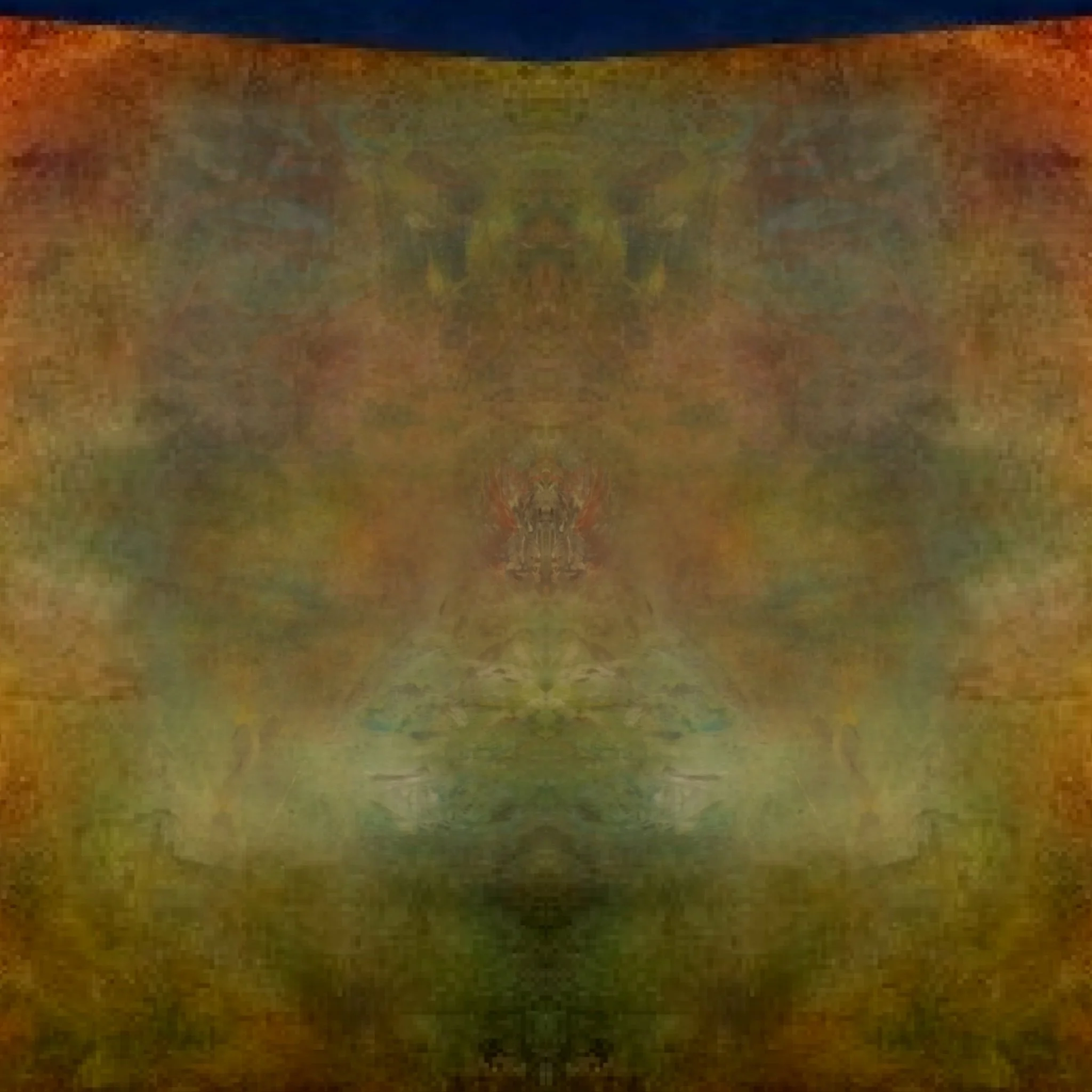 A pixelated image with mostly brown, green, and dark blue colors, faintly showing symmetrical shapes that could resemble a face or mask.