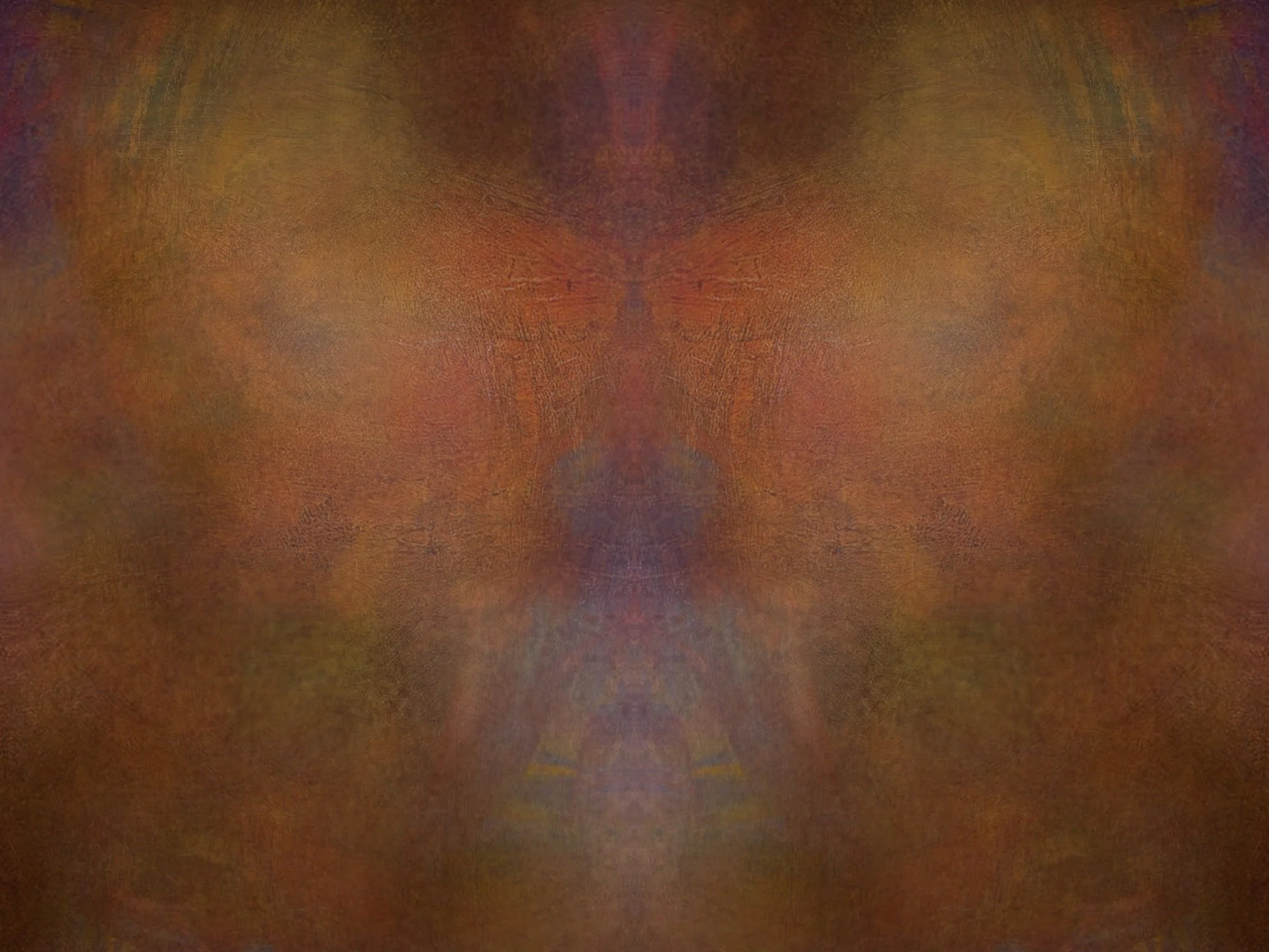 Abstract, symmetrical pattern with warm tones of brown, orange, and hints of purple and yellow.