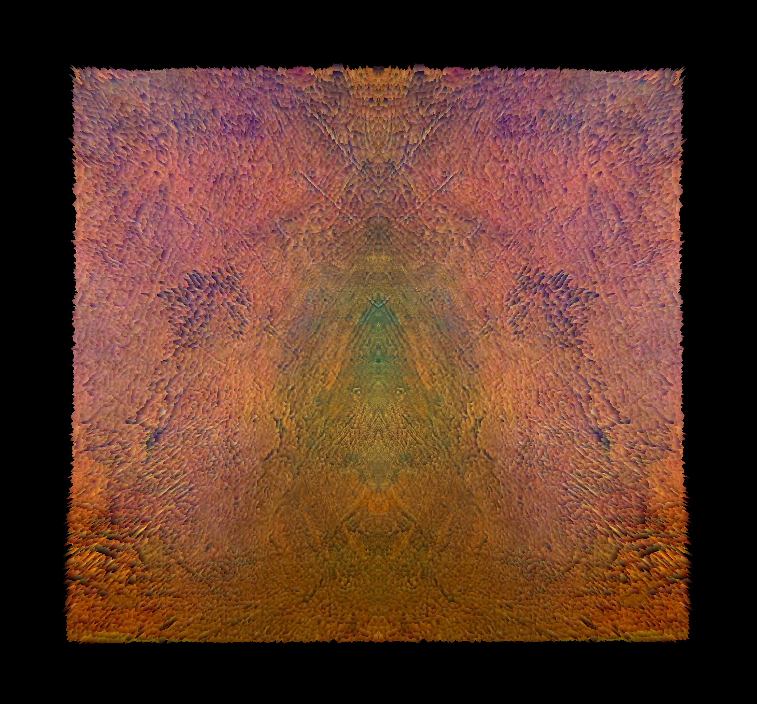 Abstract digital art with colorful small, pointed shapes forming a symmetrical pattern on a black background.