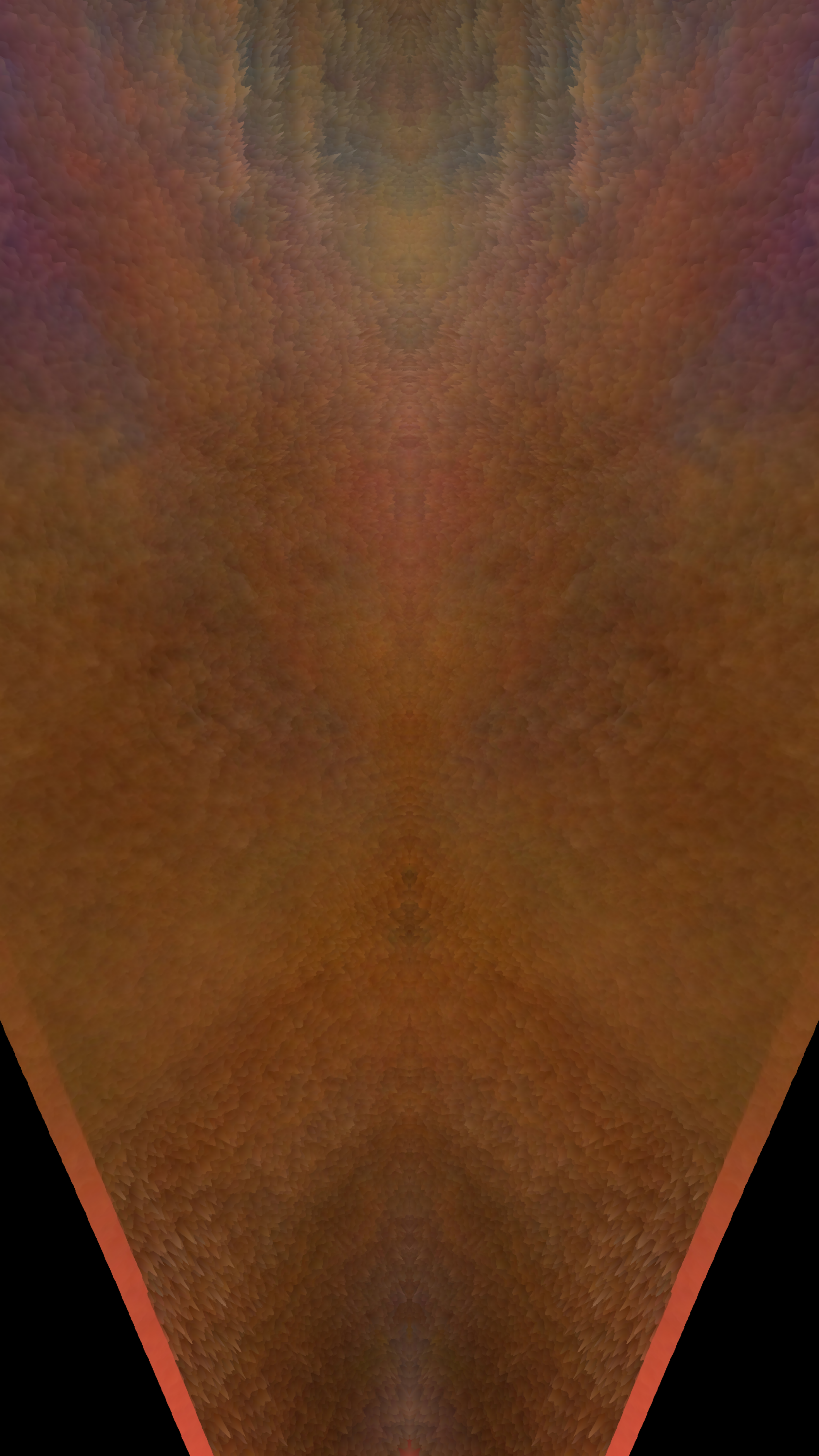 An abstract, symmetrical pattern with warm colors, resembling a tunnel or corridor with textured, feather-like details.