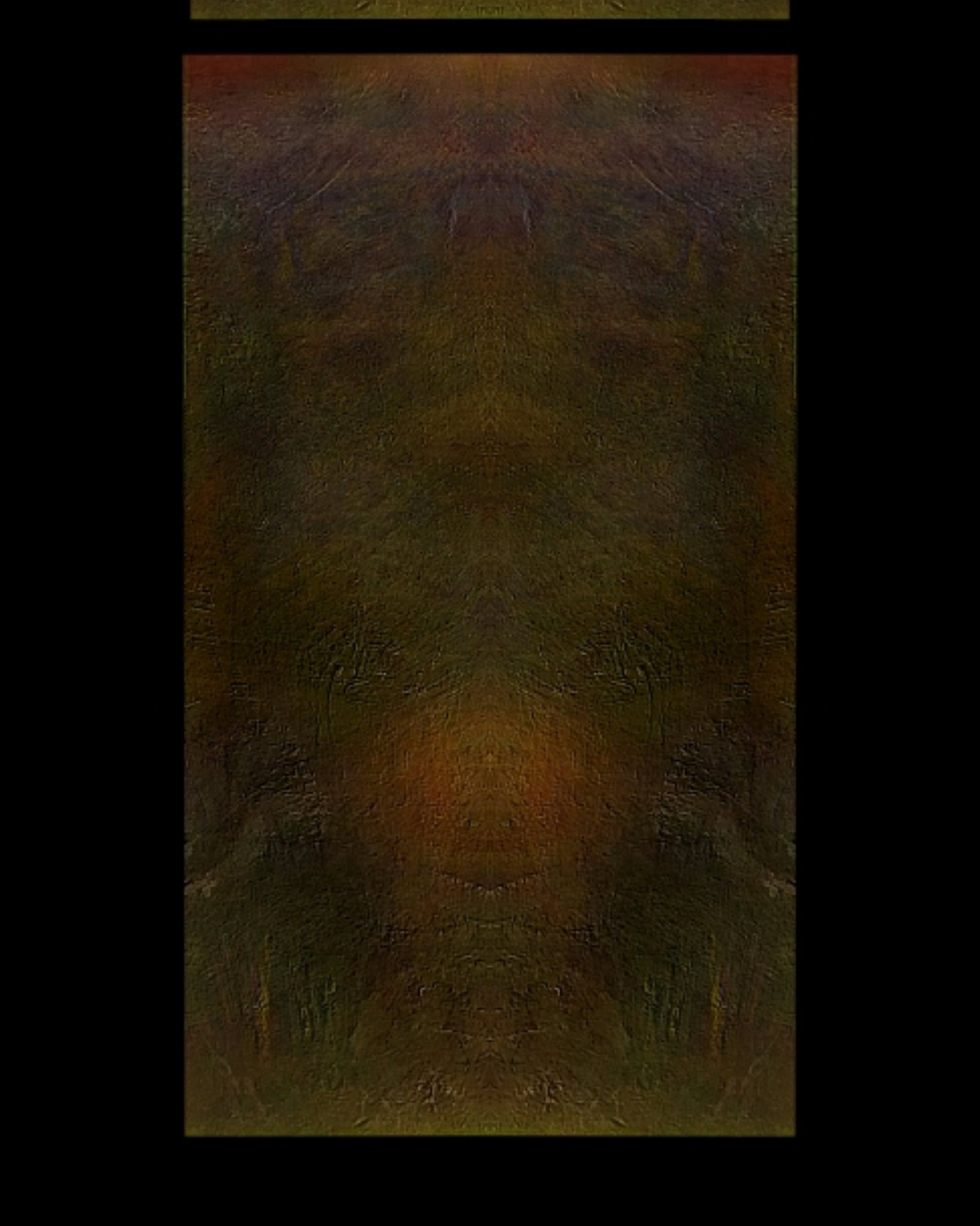 A symmetrical, abstract digital artwork with dark brown, black, and hints of gold and orange hues, featuring intricate, textured patterns resembling wood grain or a mosaic.