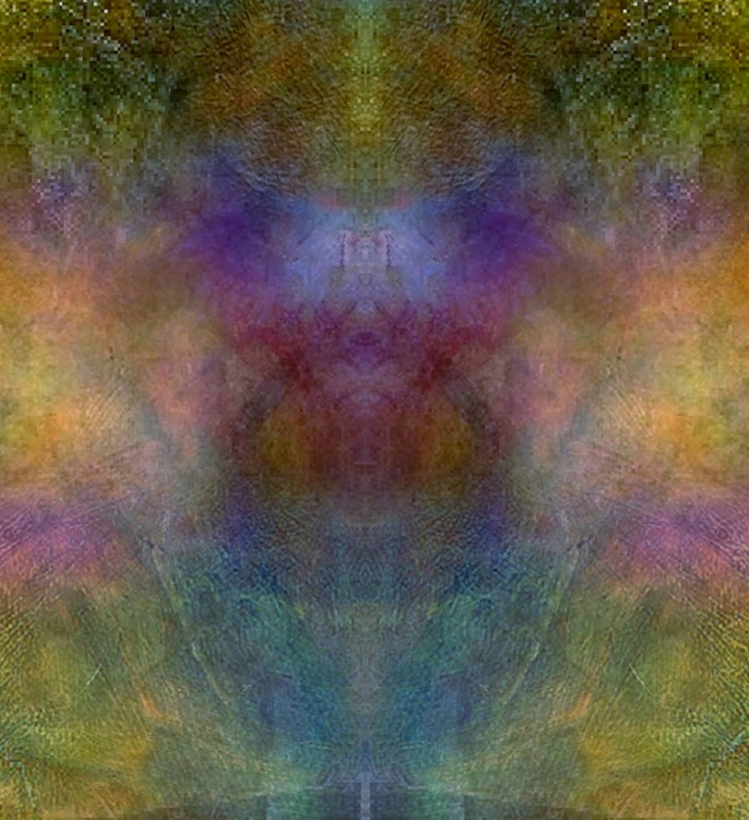 Colorful, abstract digital art featuring symmetrical patterns and vibrant hues of green, yellow, purple, and blue, creating a kaleidoscopic effect.