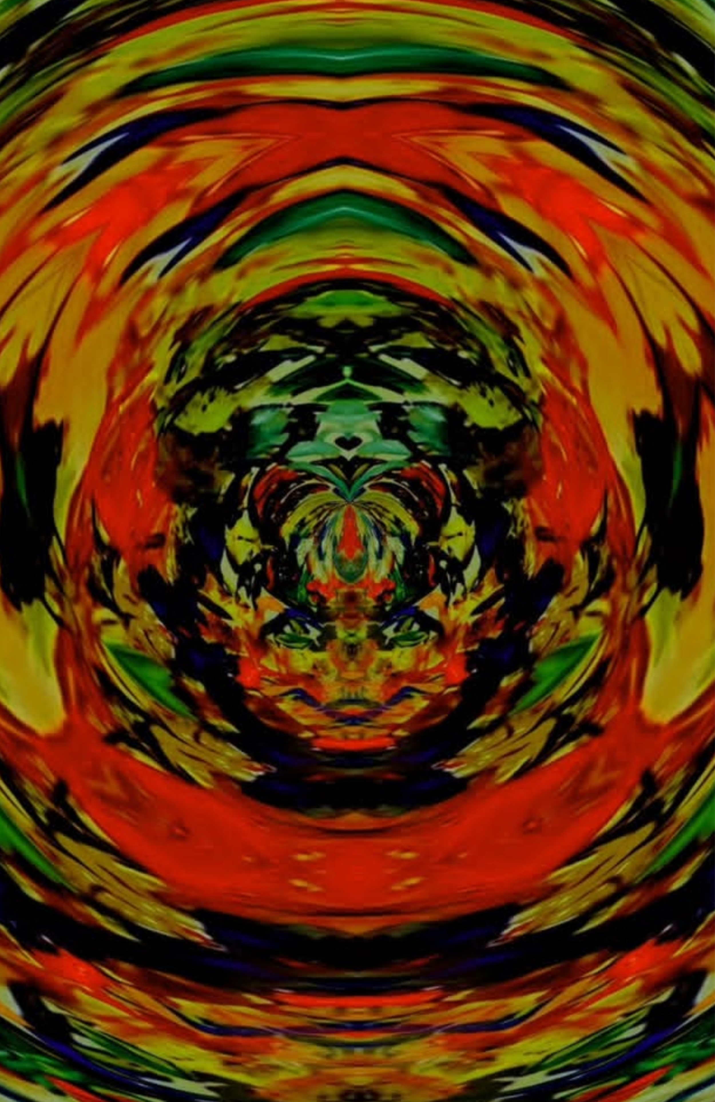 A colorful, abstract, symmetrical pattern with swirling lines in shades of yellow, orange, green, blue, and black.