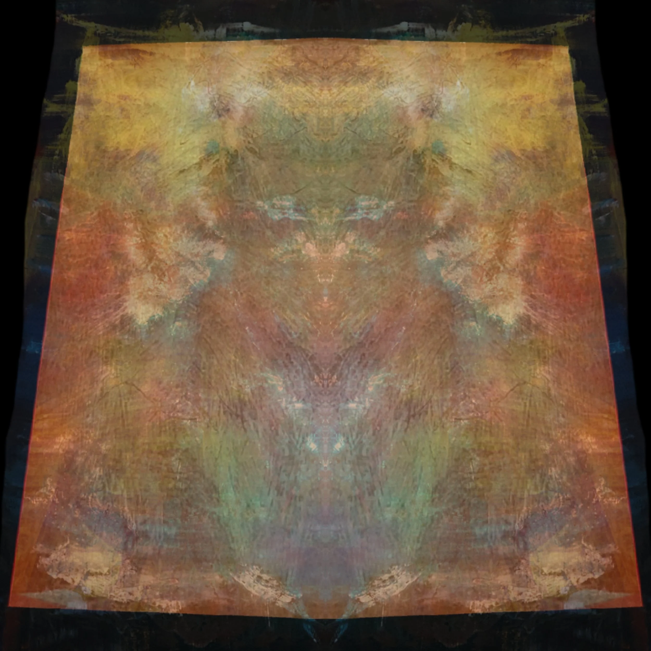 A digitally manipulated image featuring mirrored abstract patterns in warm colors like yellow, orange, and brown, with symmetrical designs resembling a face or mask.