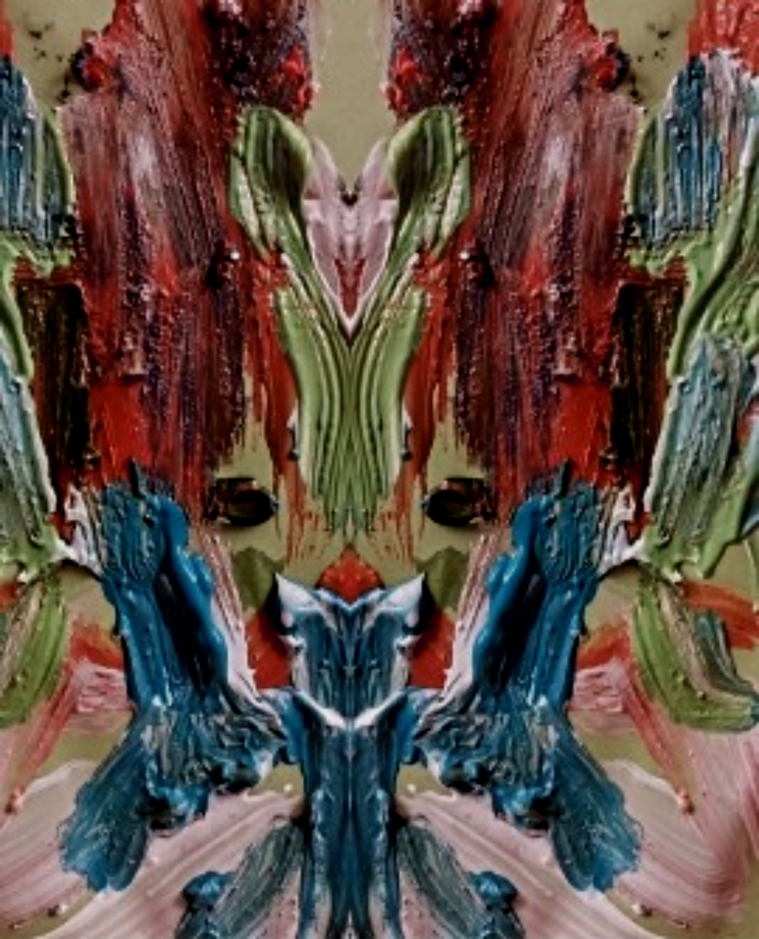 Abstract digital artwork with symmetrical patterns featuring a mix of colors including red, green, blue, black, and beige.