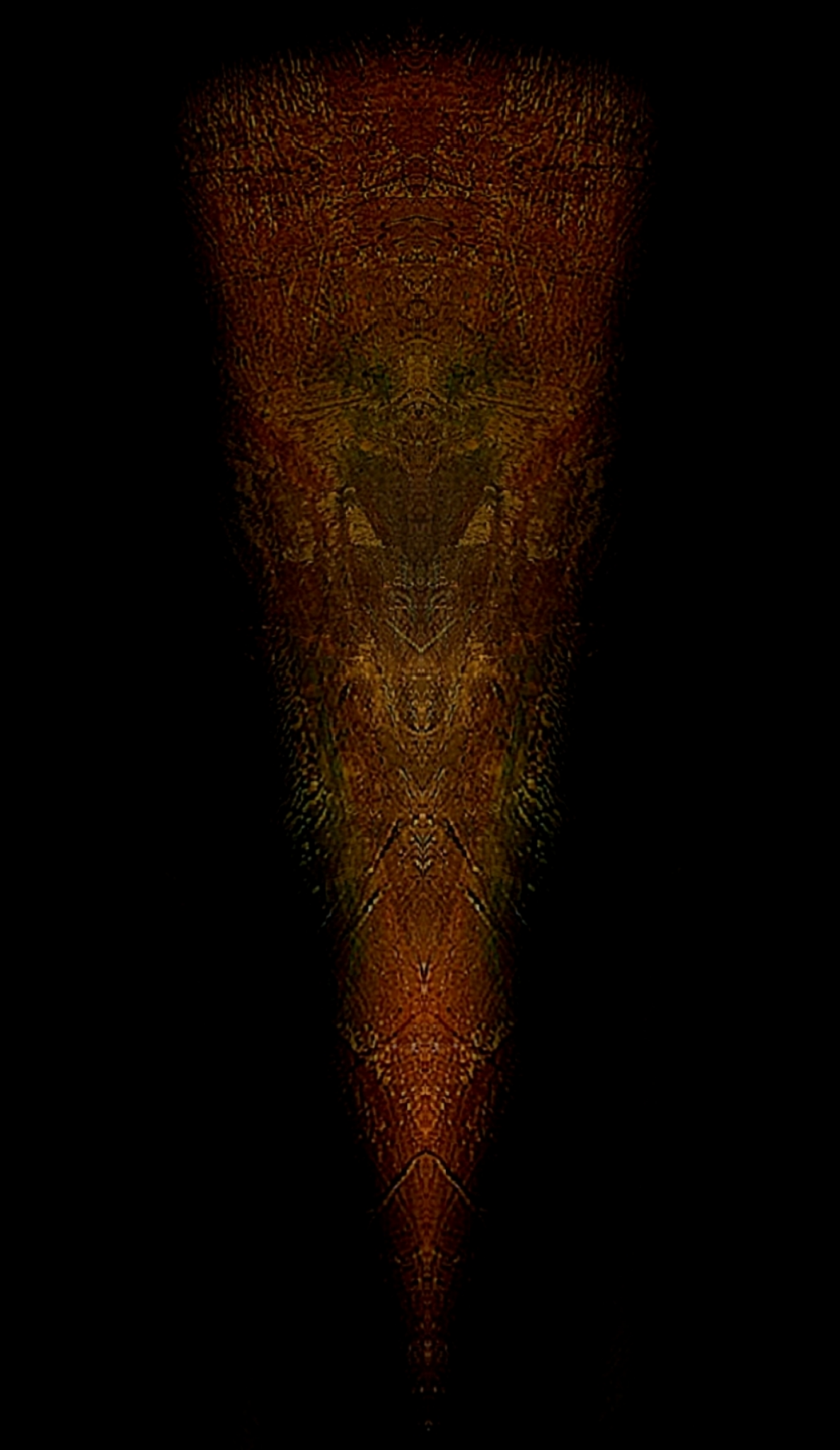 Abstract digital artwork with a symmetrical pattern resembling a creature's face, in shades of orange and brown on a black background.