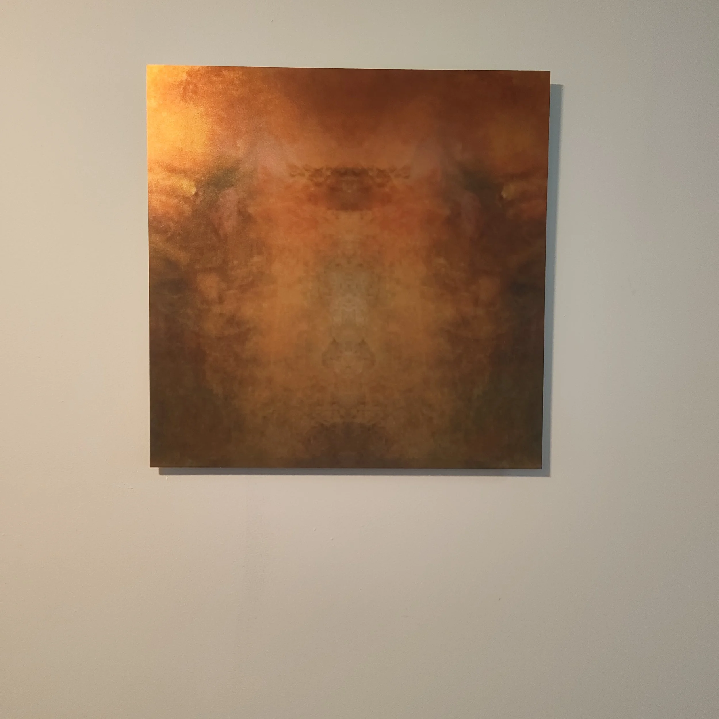 Close-up of a textured, fiery orange and brown surface with abstract patterns.