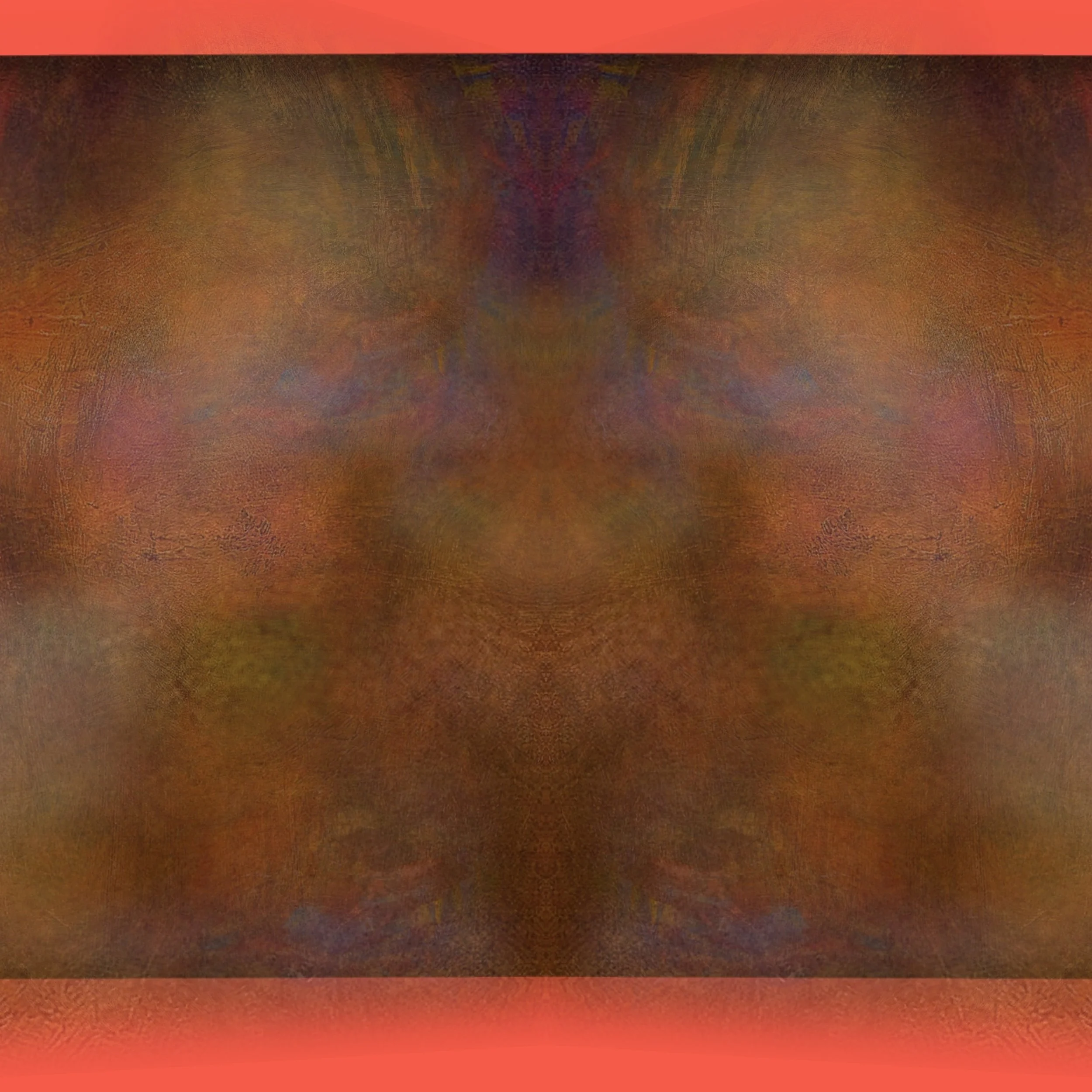 Abstract digital artwork with a central symmetrical pattern in earthy tones of red, orange, and brown, surrounded by a gradient border of red and orange.