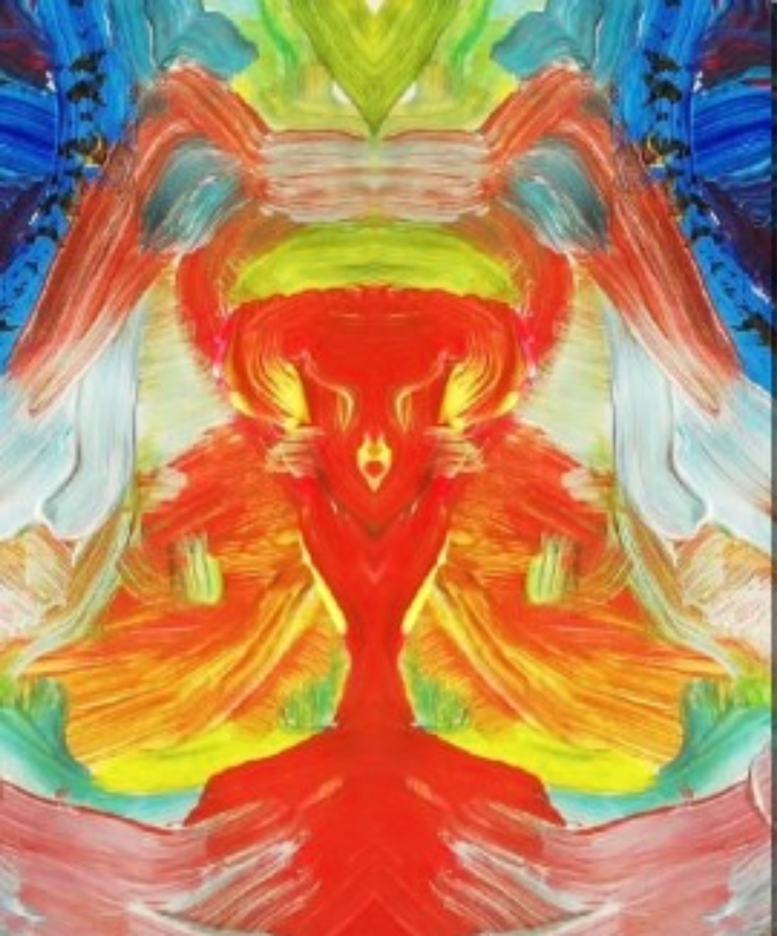 Colorful abstract painting with symmetrical patterns in red, yellow, green, blue, and pink shades.