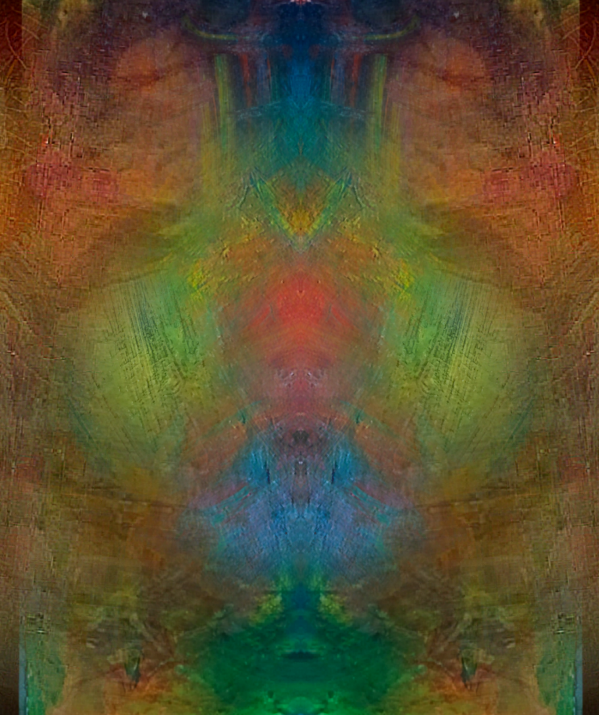 A mirror image of a colorful, symmetrical abstract digital artwork with a blend of vibrant colors including blue, green, yellow, orange, and red, forming a complex, intricate pattern.