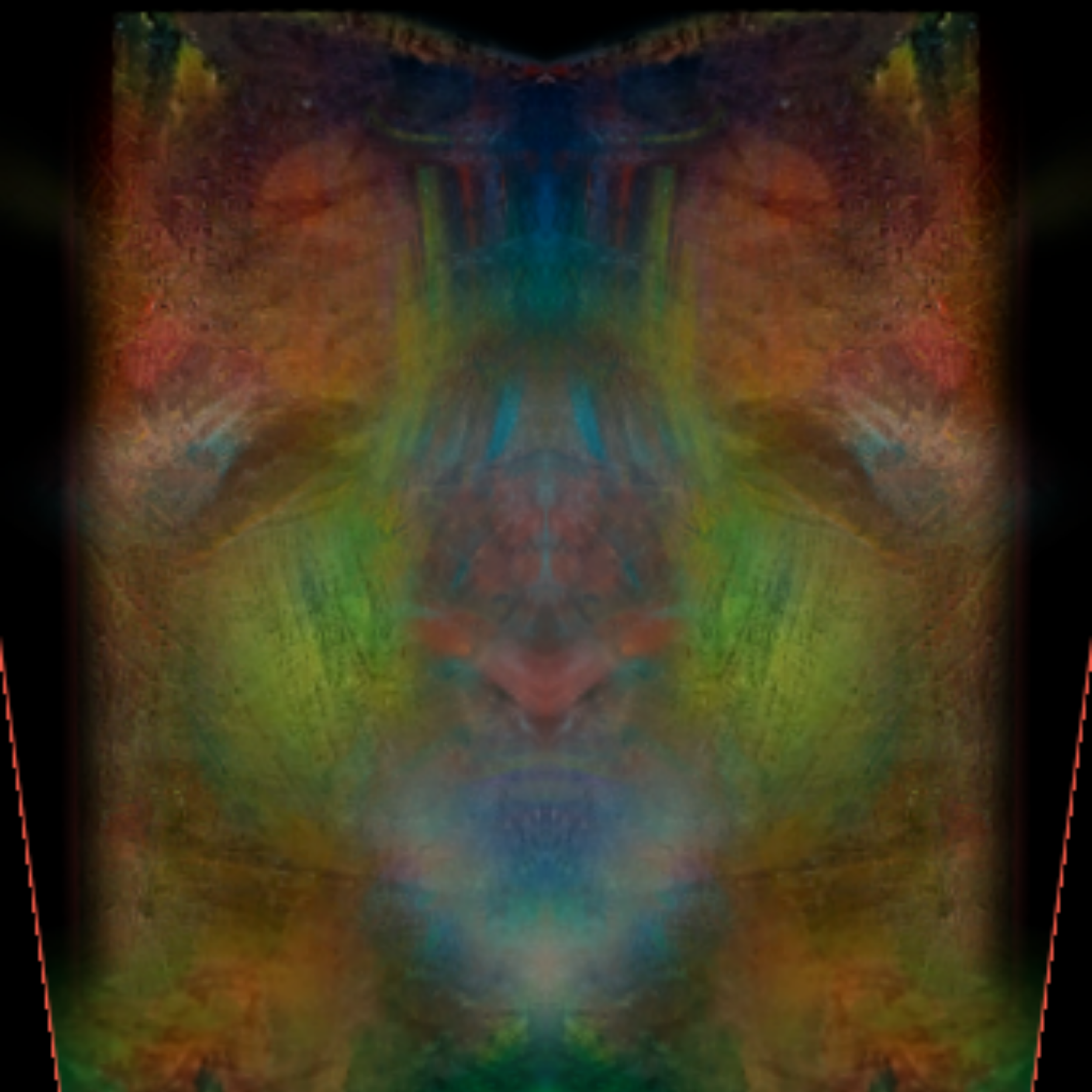 Abstract symmetrical digital artwork with vibrant colors including blue, green, yellow, orange, and red, creating a kaleidoscopic pattern.