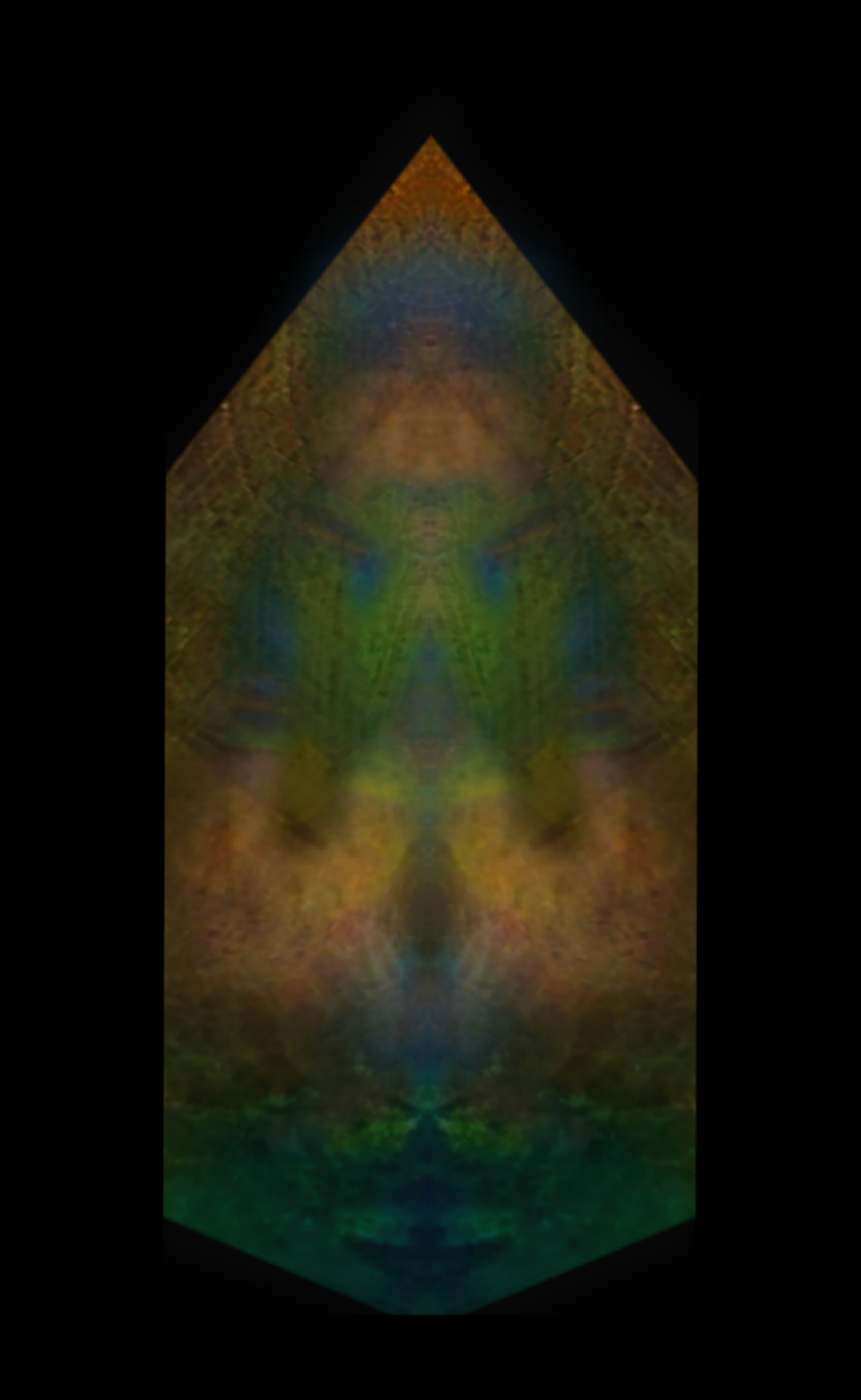 Colorful, abstract digital artwork with a triangular pyramid shape, vibrant green and gold lines, symmetrical patterns, against a black background.