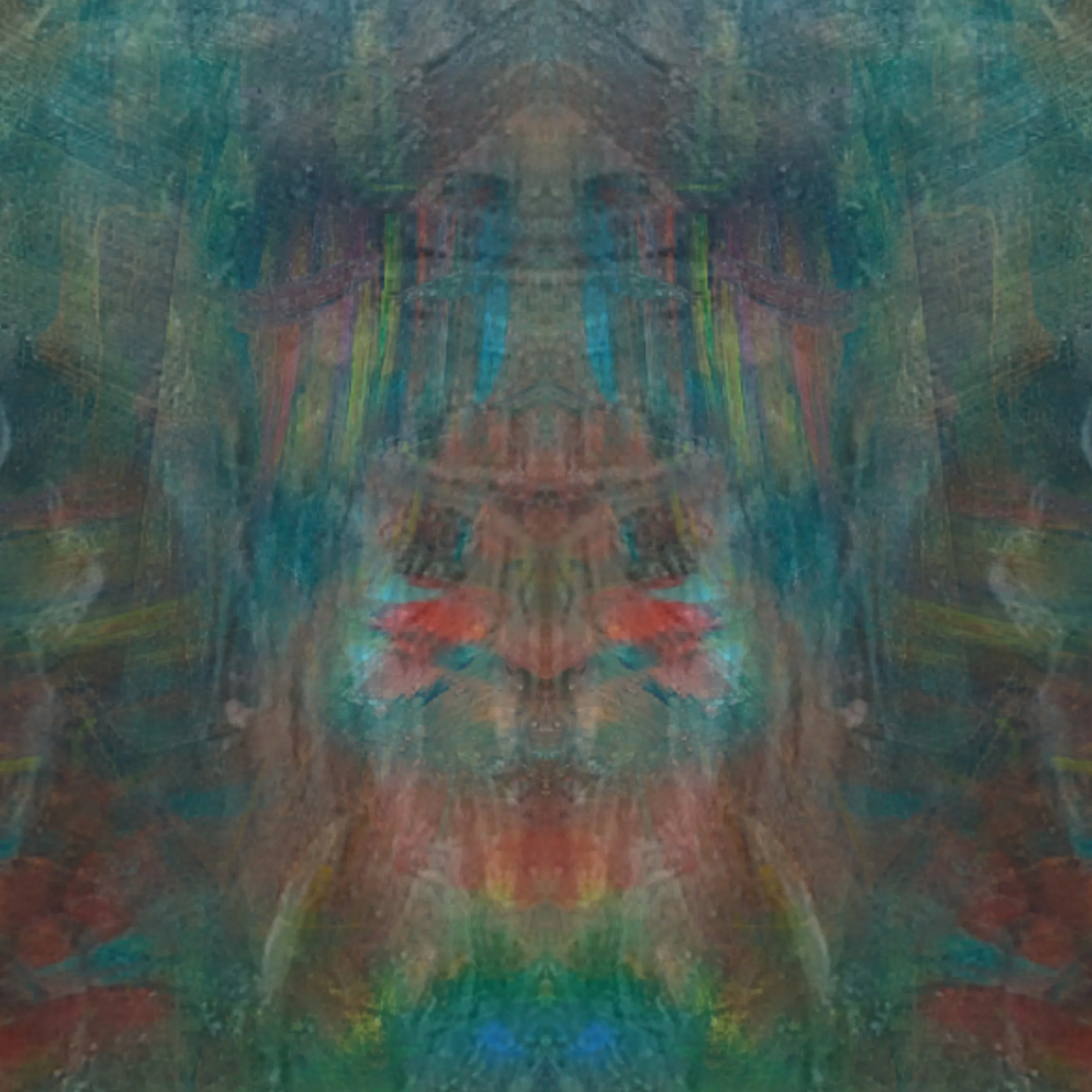 Abstract, symmetrical pattern with vibrant colors including green, blue, red, and orange.