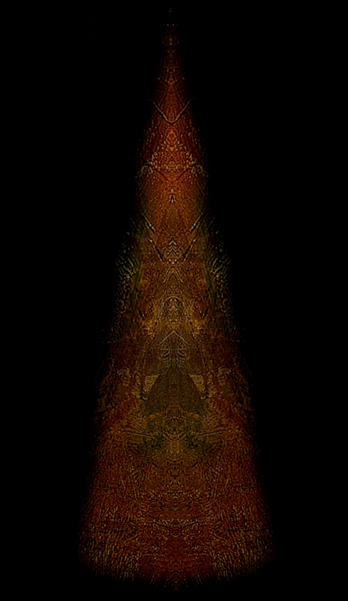 Abstract digital art with symmetrical and intricate patterns in shades of orange and brown, resembling a geometric figure on a dark background.