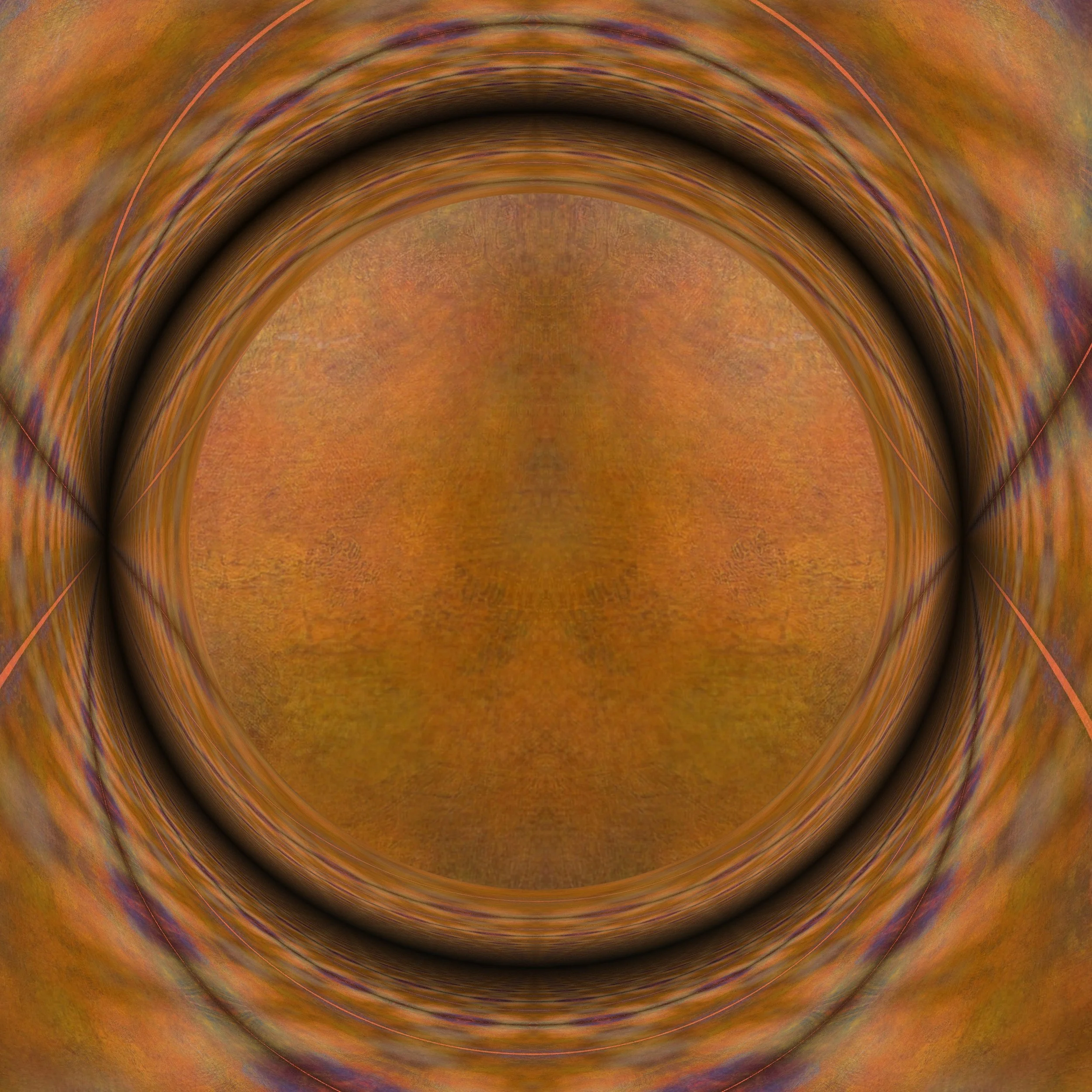 An abstract artwork with a curved, tunnel-like structure in warm earthy tones of orange, brown, and hints of purple, creating a sense of depth and motion.