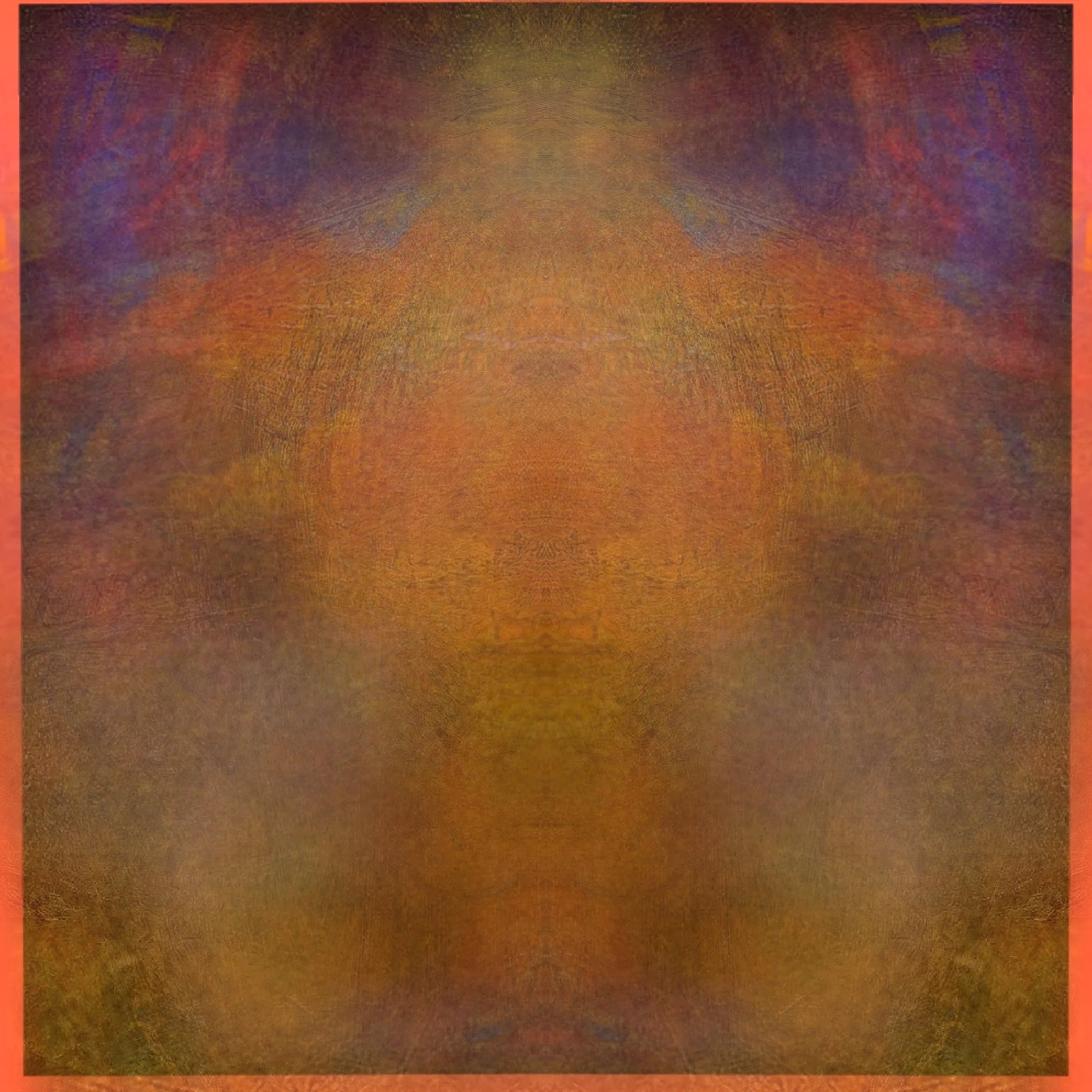 Close-up view of a textured, colorful surface with shades of orange, purple, and yellow, with a symmetrical pattern.