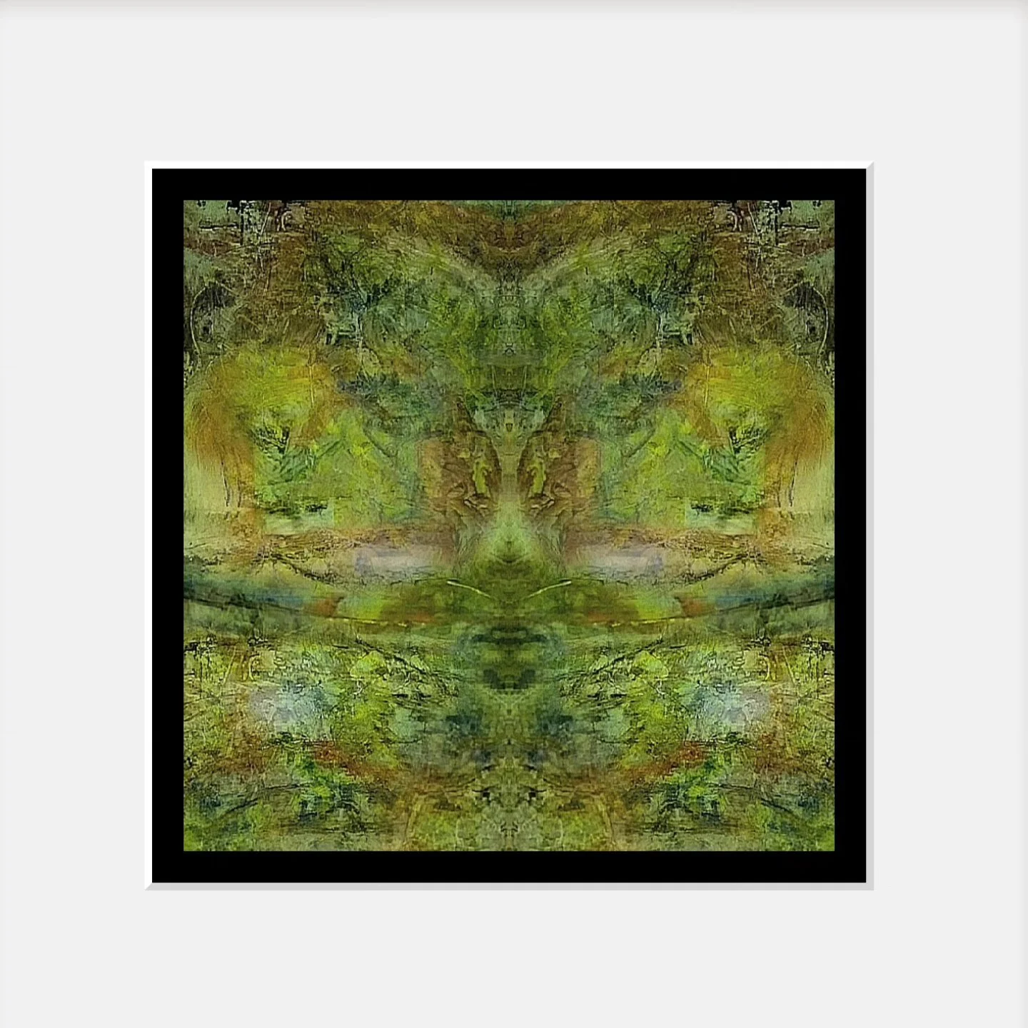 Abstract symmetrical painting with green, yellow, and brown hues, framed by a black border.