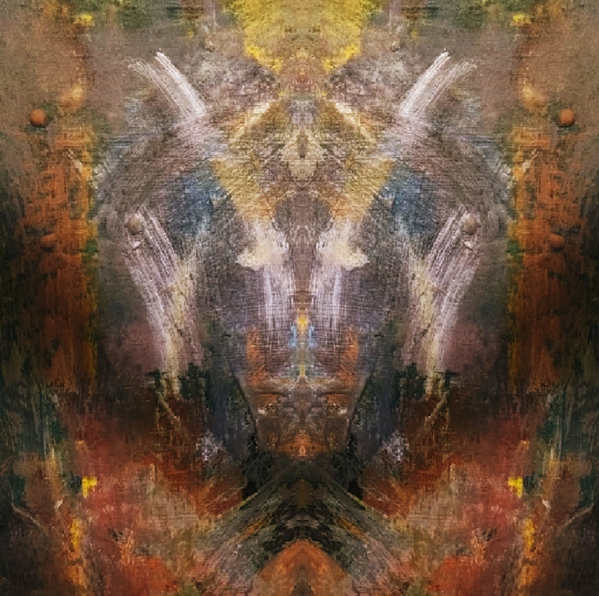 A kaleidoscopic pattern with symmetrical, intricate, and colorful details resembling abstract art or a digital mandala with earthy tones and bright accents.