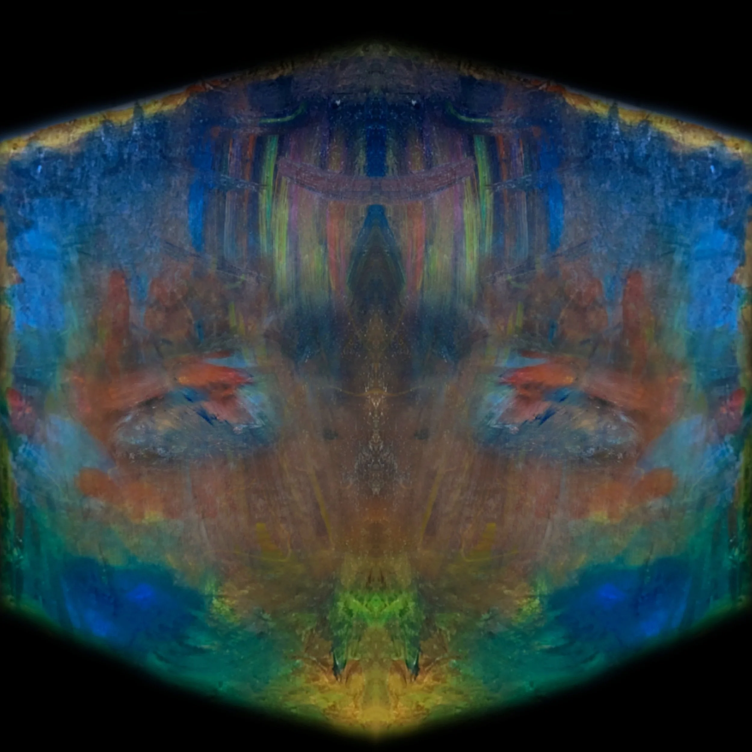 Colorful abstract artwork with a symmetrical design, featuring vibrant blue, green, yellow, red, and purple hues on a black background.