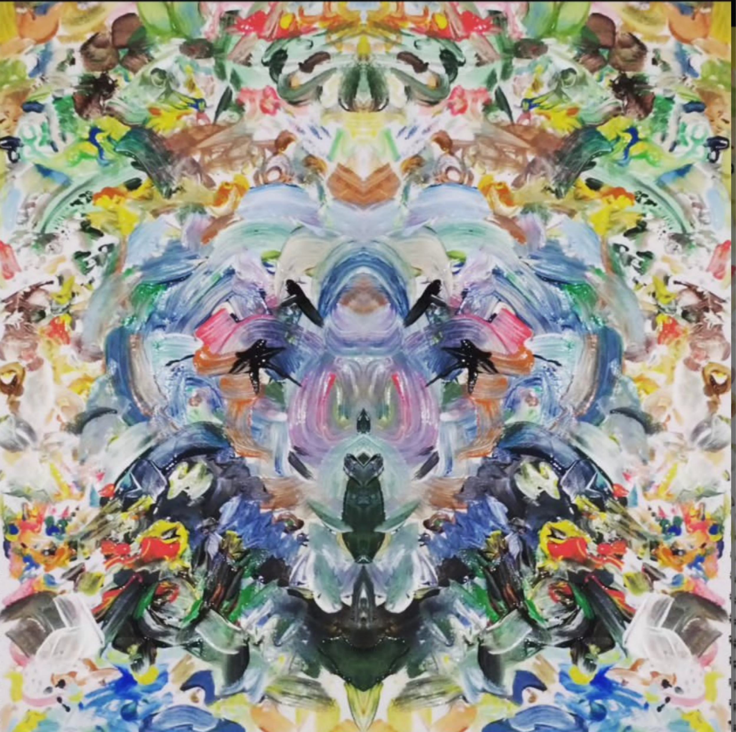 Colorful abstract painting with symmetrical patterns of brushstrokes in various colors including green, blue, yellow, red, black, brown, and white.