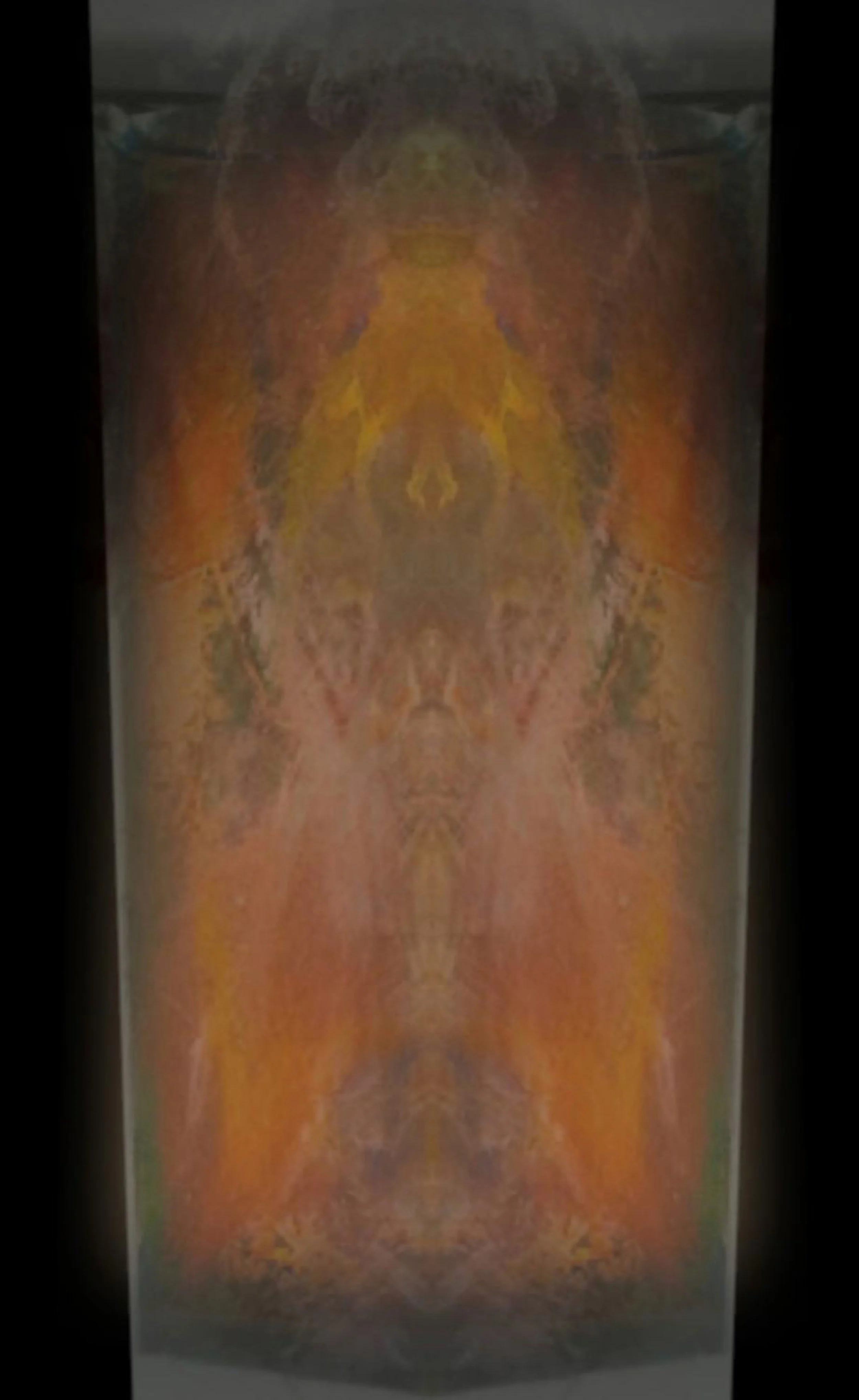 Abstract symmetrical design with warm colors including orange, yellow, and brown, resembling a butterfly or moth wings pattern.