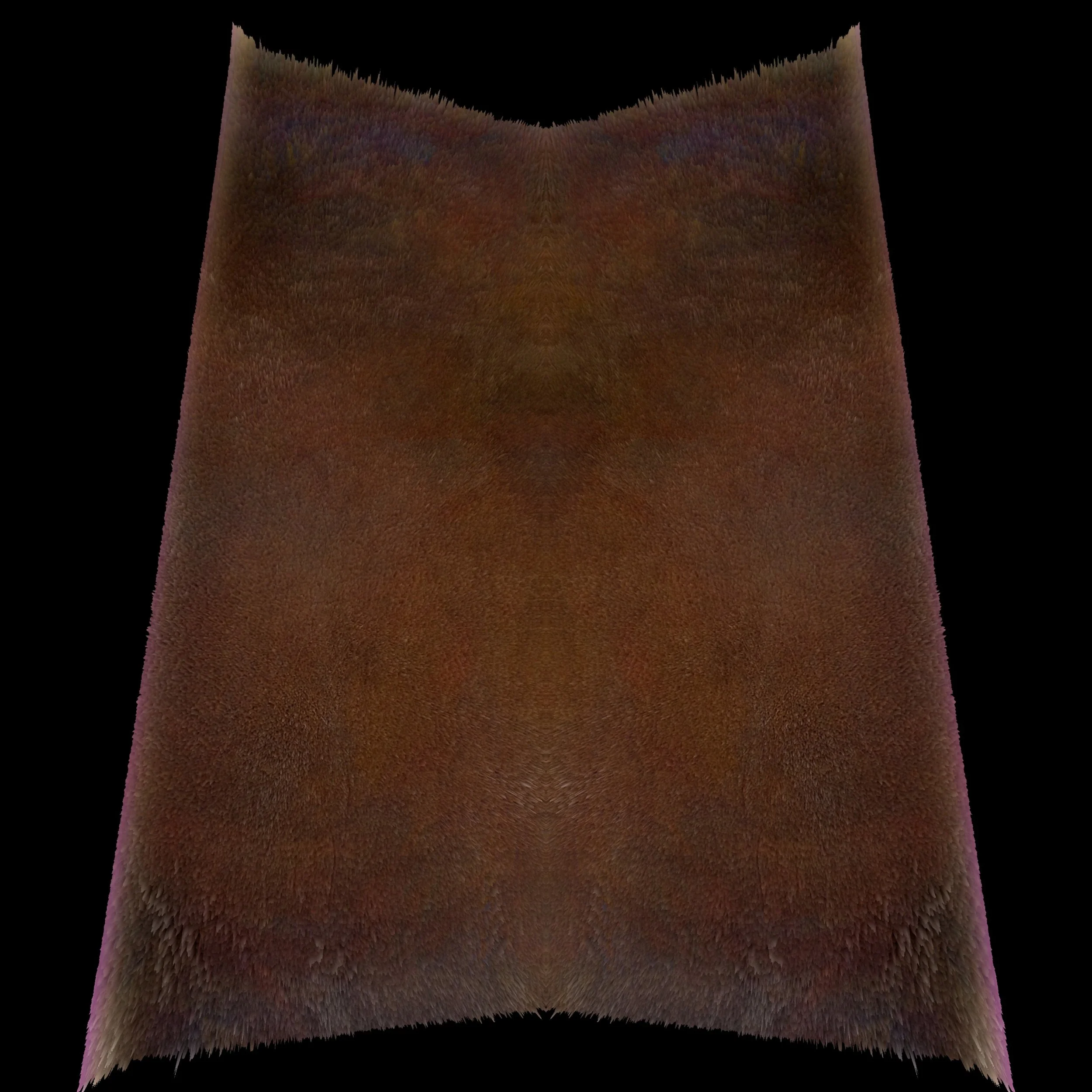 A three-dimensional landscape with sharp peaks and valleys, predominantly in brown and reddish colors, on a black background.