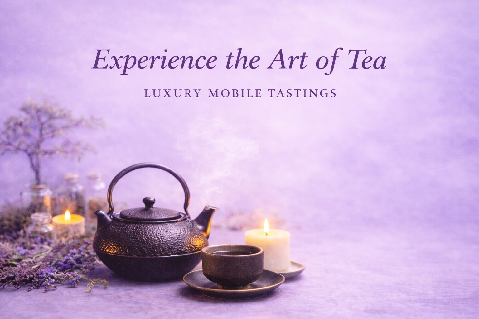 A teapot with steam rising, a lit candle, a cup of tea on a saucer, and small jars and purple flowers in the background on a lavender surface, with text overlay promoting luxury mobile tea tastings.