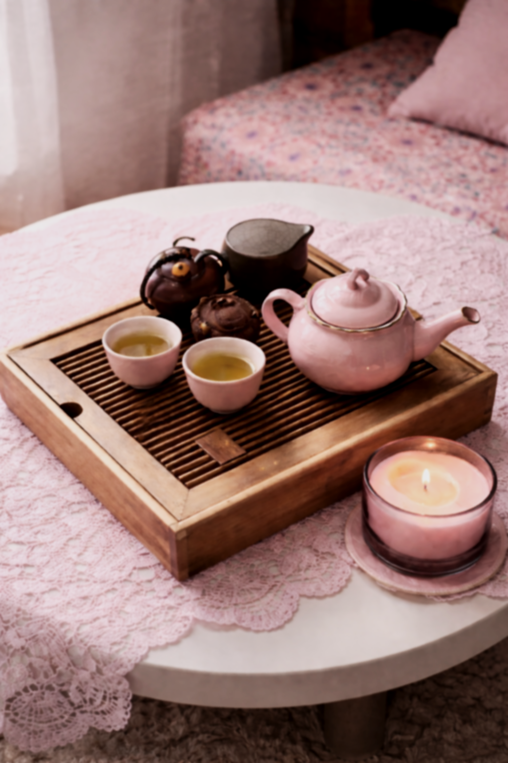 A tray with a pink teapot, two cups of tea, and a small black pitcher, placed on a round table with a pink lace cloth. There is a pink candle in a glass holder nearby, and a bed with pink floral bedding is visible in the background.