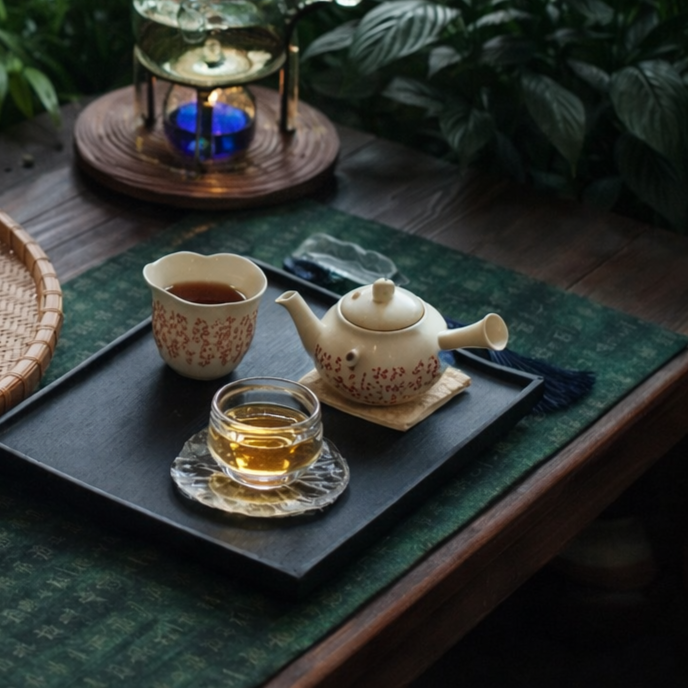 Tea set with a teapot, a cup of tea, and a small glass of tea on a black tray on a table with green tablecloth, with a lamp and plants in the background.
