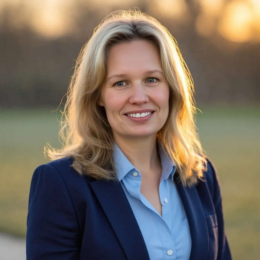 A woman with blonde hair smiling outdoors during sunset, wearing a blue blazer and light blue shirt.