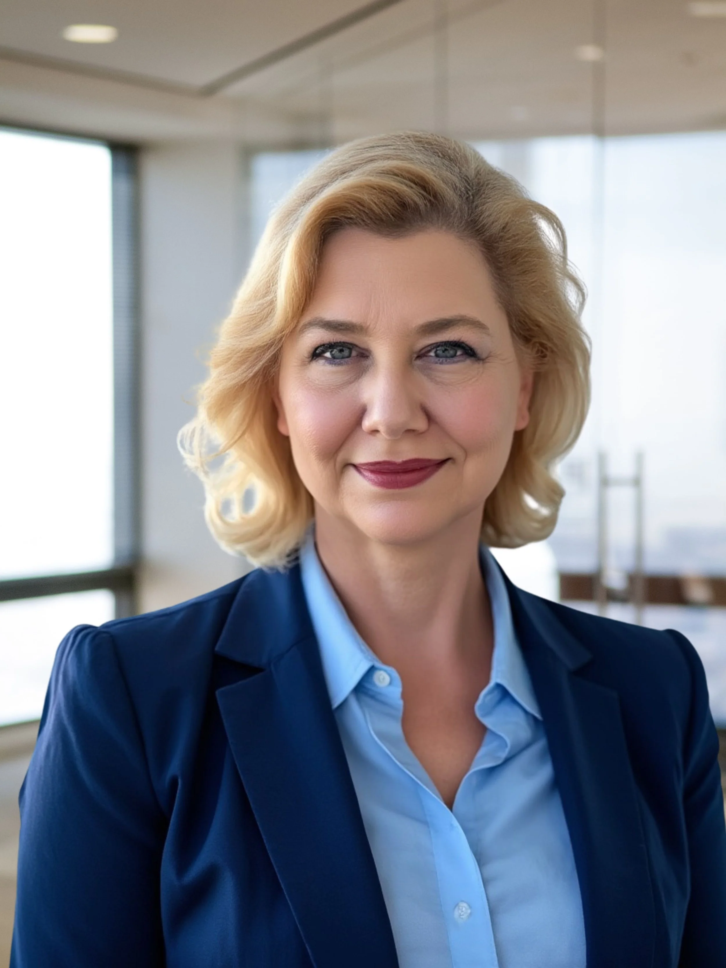 A confident woman with blonde hair wearing a blue blazer and light blue shirt, standing in a modern office with large windows.