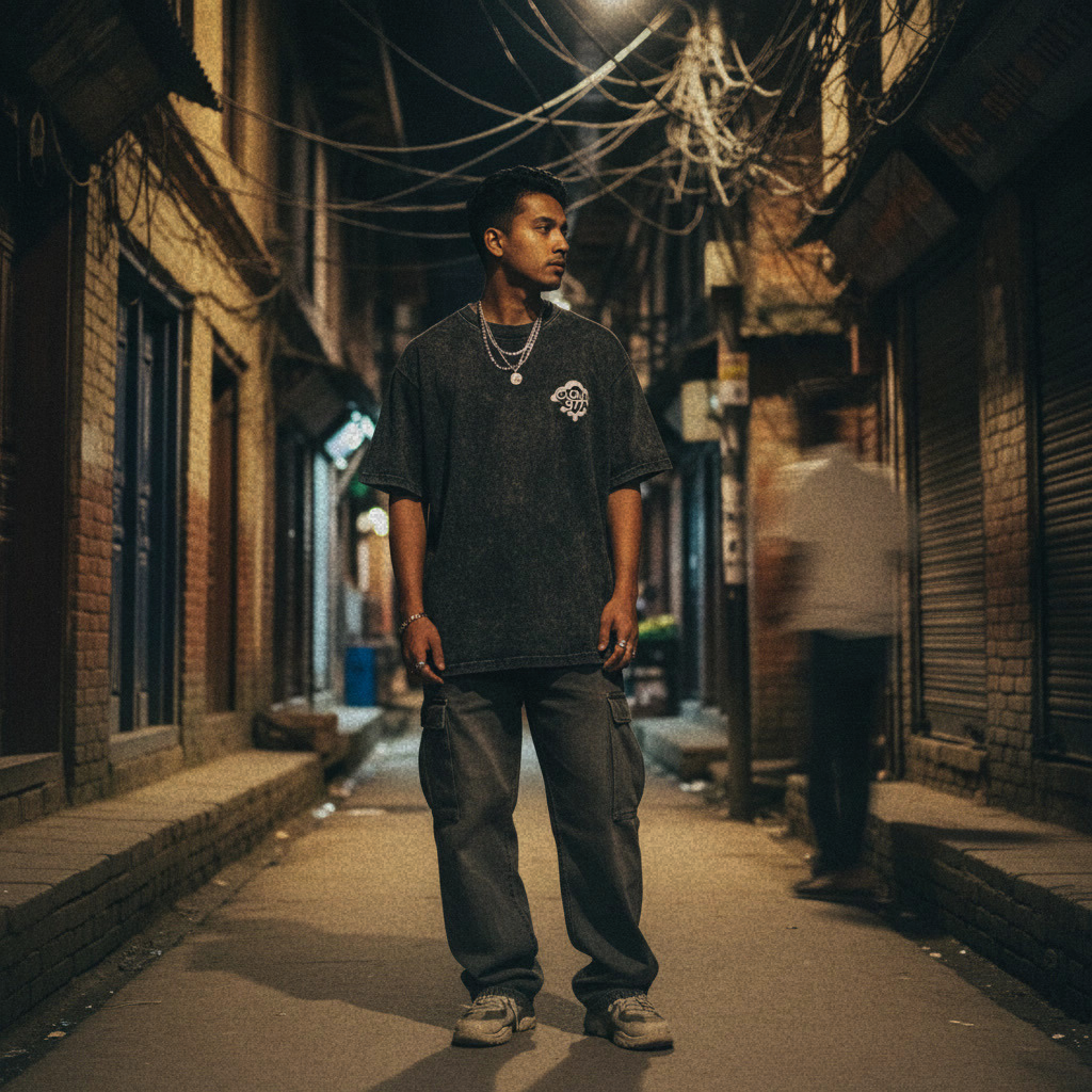 A young man standing alone in a dimly lit alley at night, wearing a black oversized T-shirt, cargo pants, and sneakers, with necklaces, with blurred figures and closed shop shutters in the background.