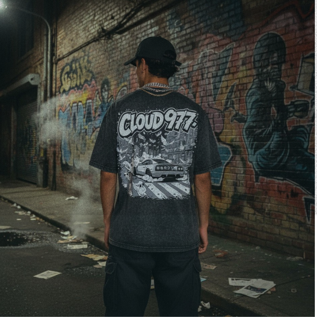Cloud 977 oversized car print T-shirt. 100% cotton always.